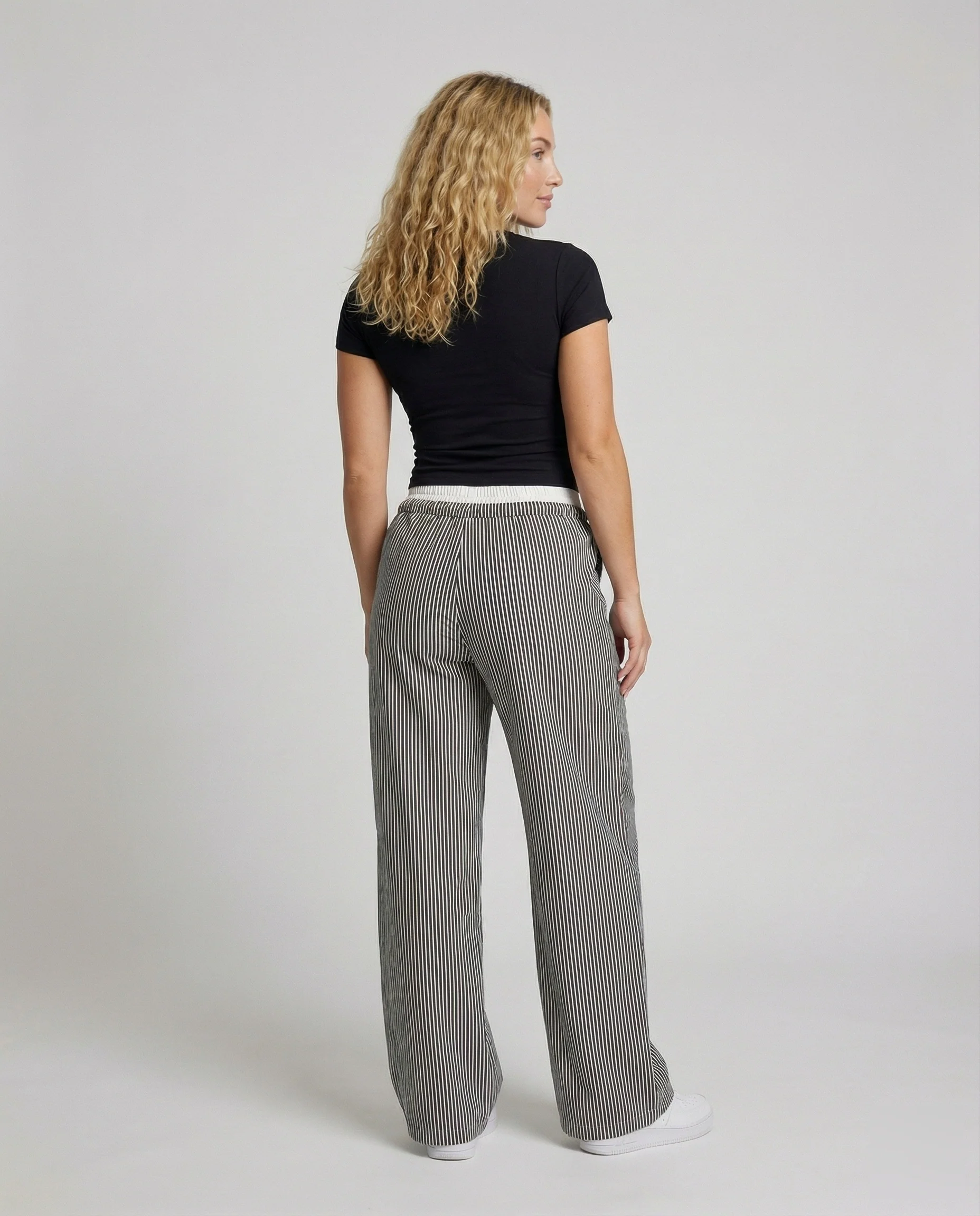 Damen gestreifte Palazzo-Hose mit Kontrastbund - Image 4