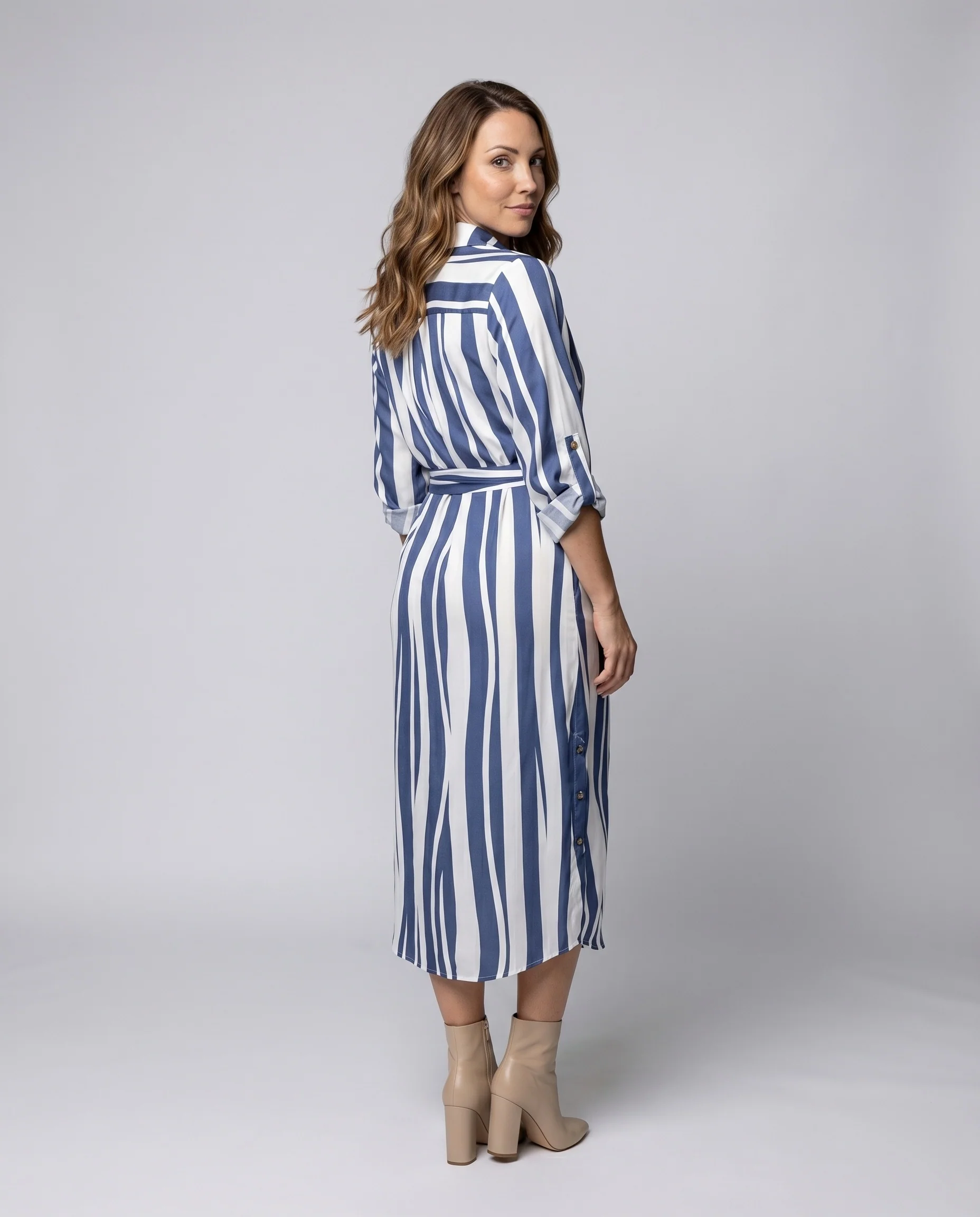 Damen Hemdblusen-Midikleid Gestreift Taillengürtel - Image 3