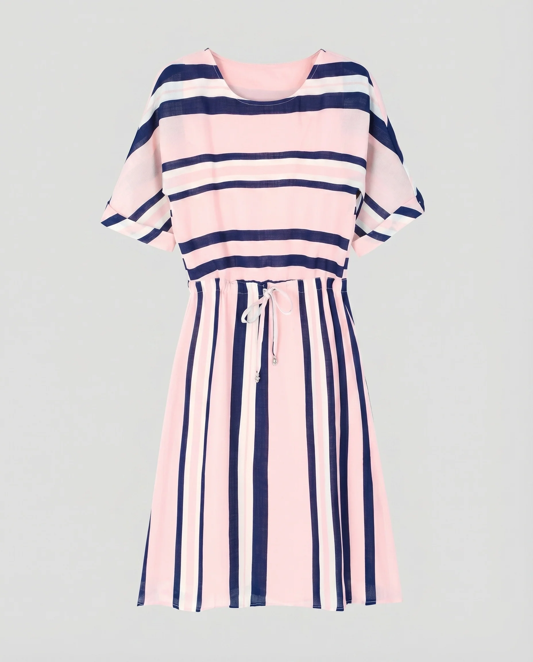 Damen Gestreiftes Freizeitkleid Tunnelzug-Taille A-Linien-Rock Kurzarm - Image 5