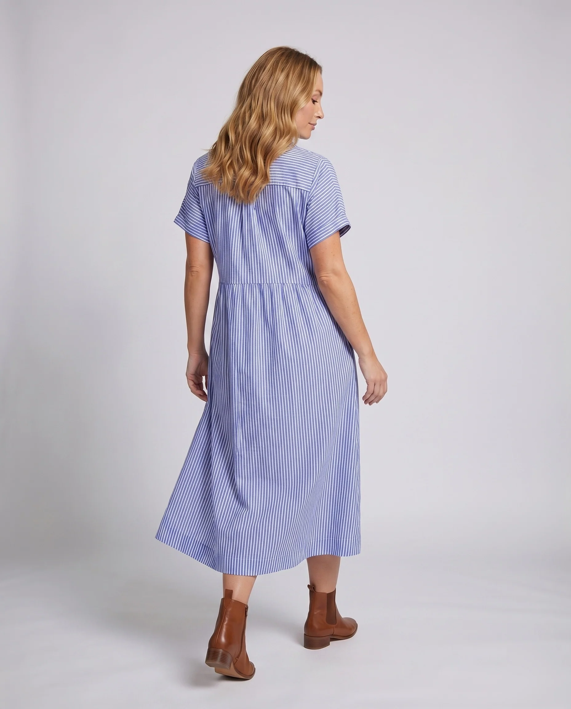 Damen Midikleid Hemdlook Unterbrustnaht Seitentaschen Umschlagärmel - Image 4