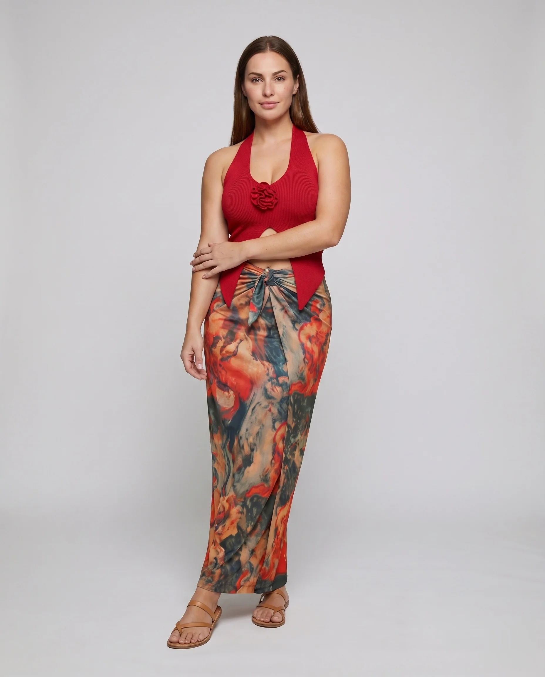 Damen Neckholder-Top-Set Wickel-Maxirock Abstrakter Print