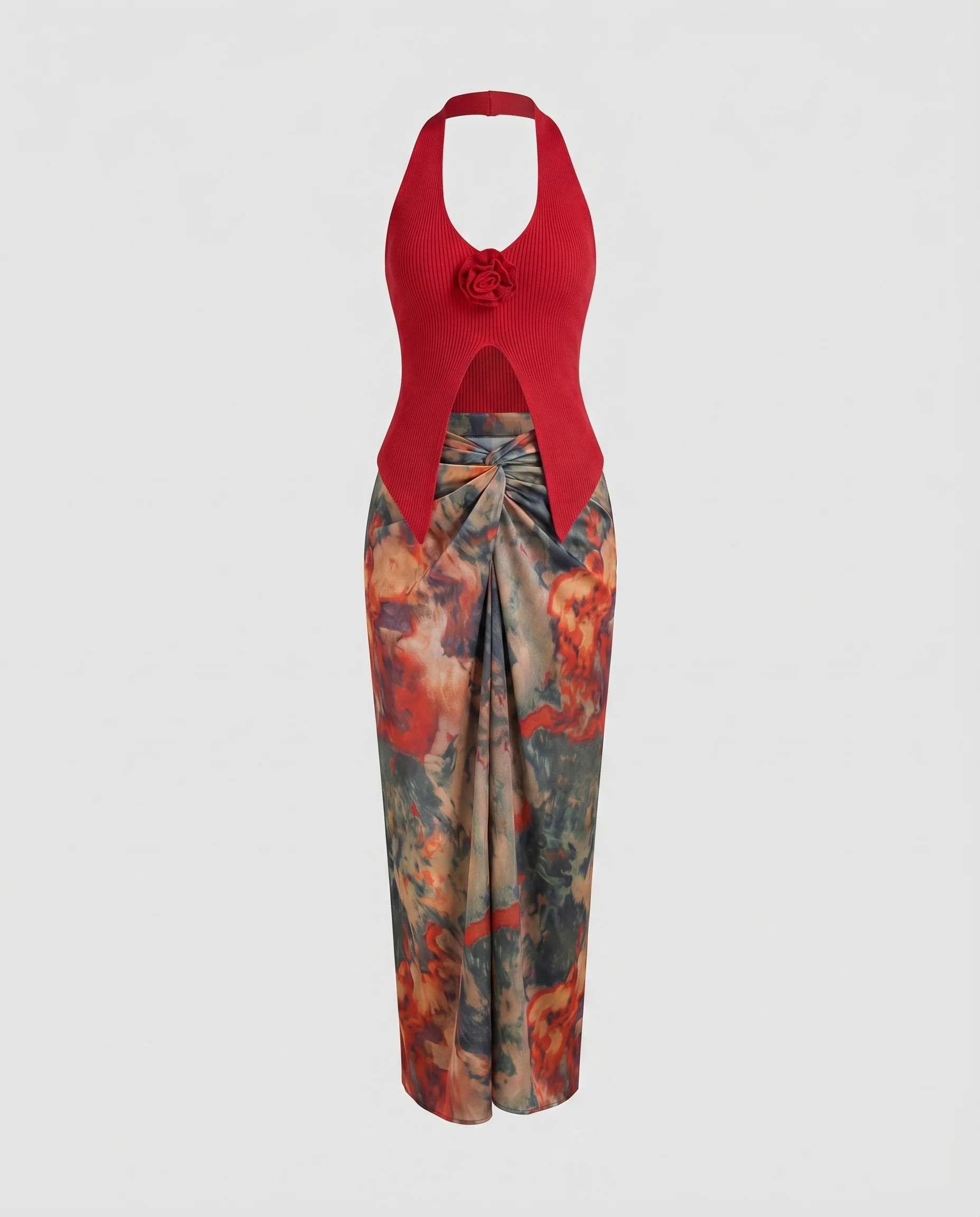 Damen Neckholder-Top-Set Wickel-Maxirock Abstrakter Print - Image 4
