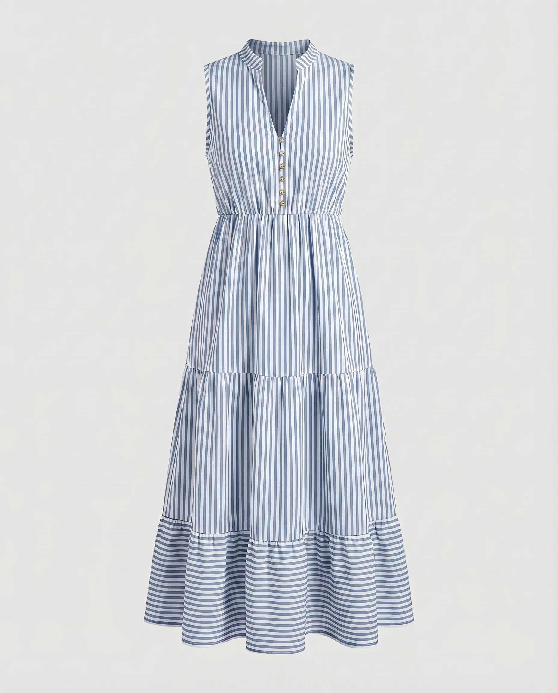 Damen Gestuftes Midikleid Stehkragen Knopfleiste Taillierte Raffung - Image 6