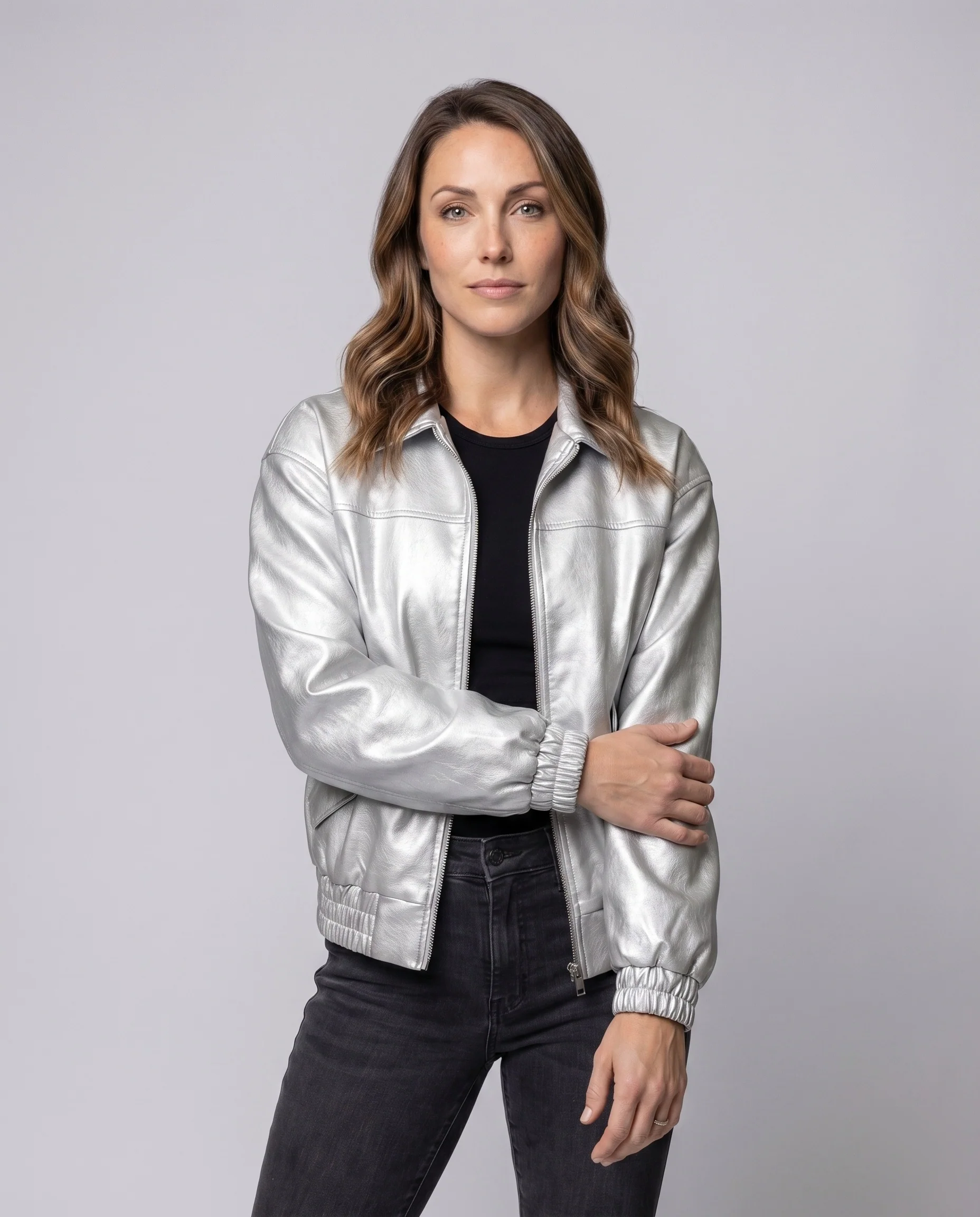 Damen Kunstleder-Blouson Umschlagkragen Elastikbund - Image 2