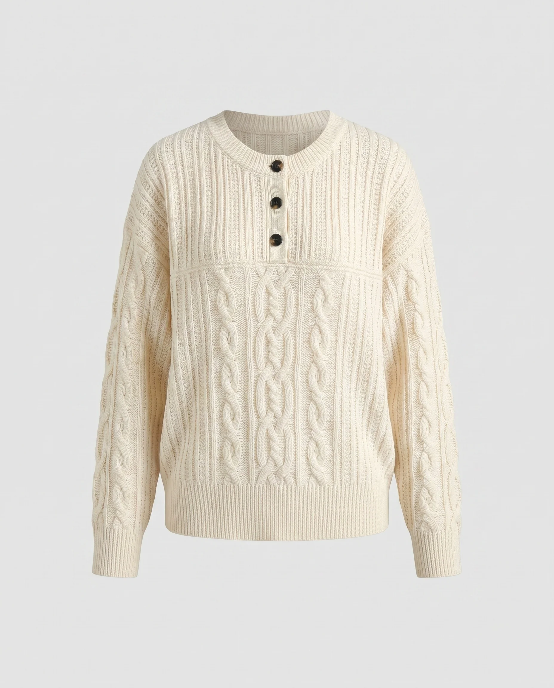Damen nan grobgestrickter Zopfmuster-Pullover mit Henley-Knopfleiste und Ballonärmeln - Image 5