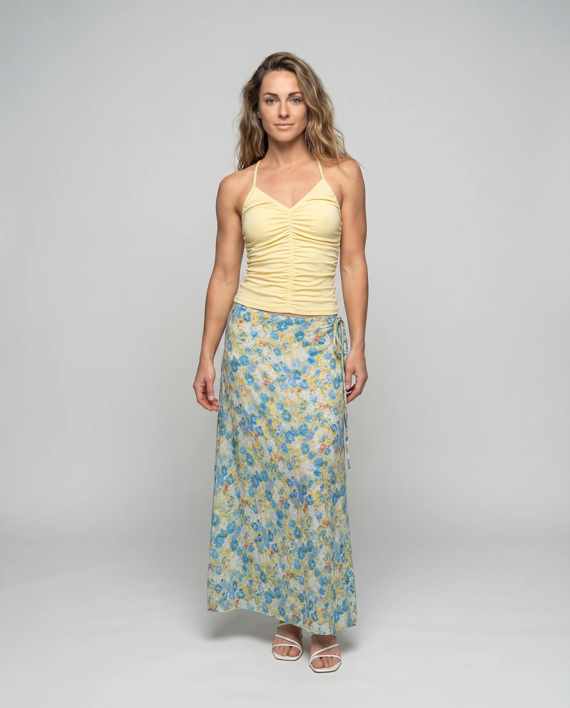 Damen Halter-Zweiteiler Korsagen-Top Floraler Maxirock Raffung