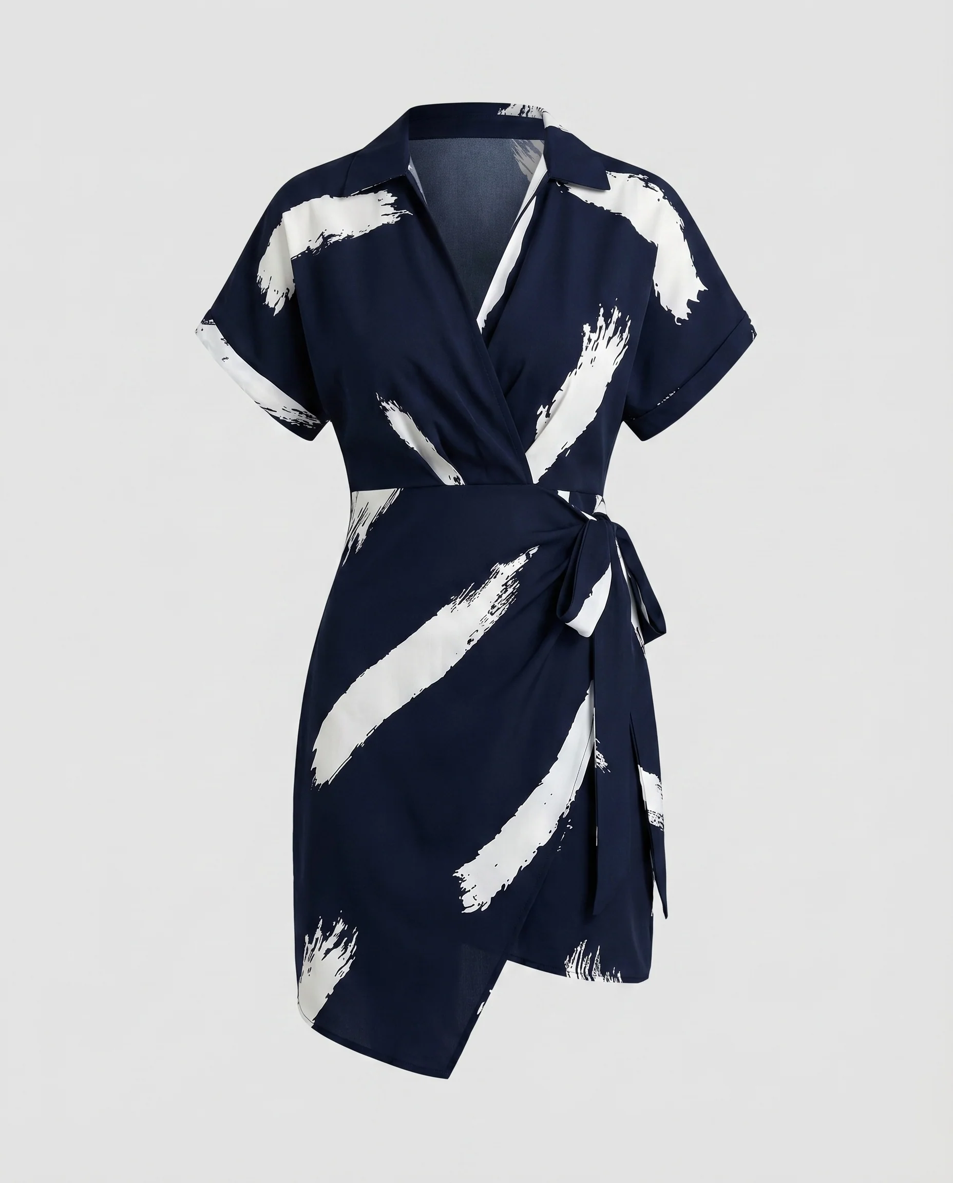 Damen Hemd-Wickel-Minikleid Bindeschleife Pinsel-Print Tailliert - Image 5