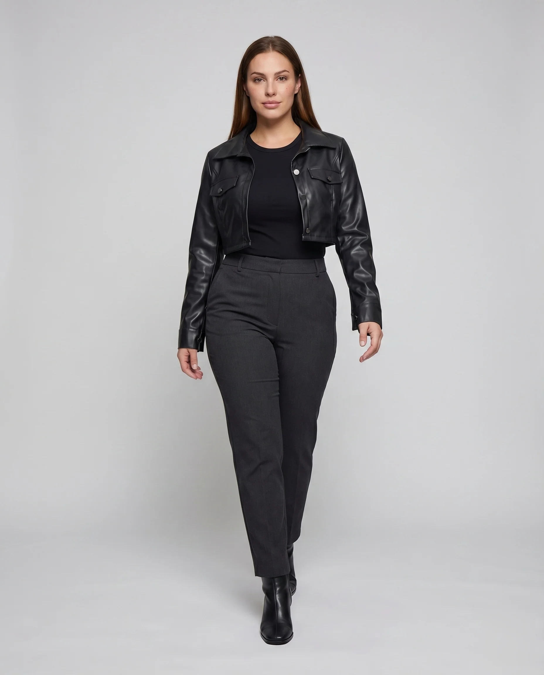 Damen Hemdjacke Vegan-Leder Pattentaschen Tailliert