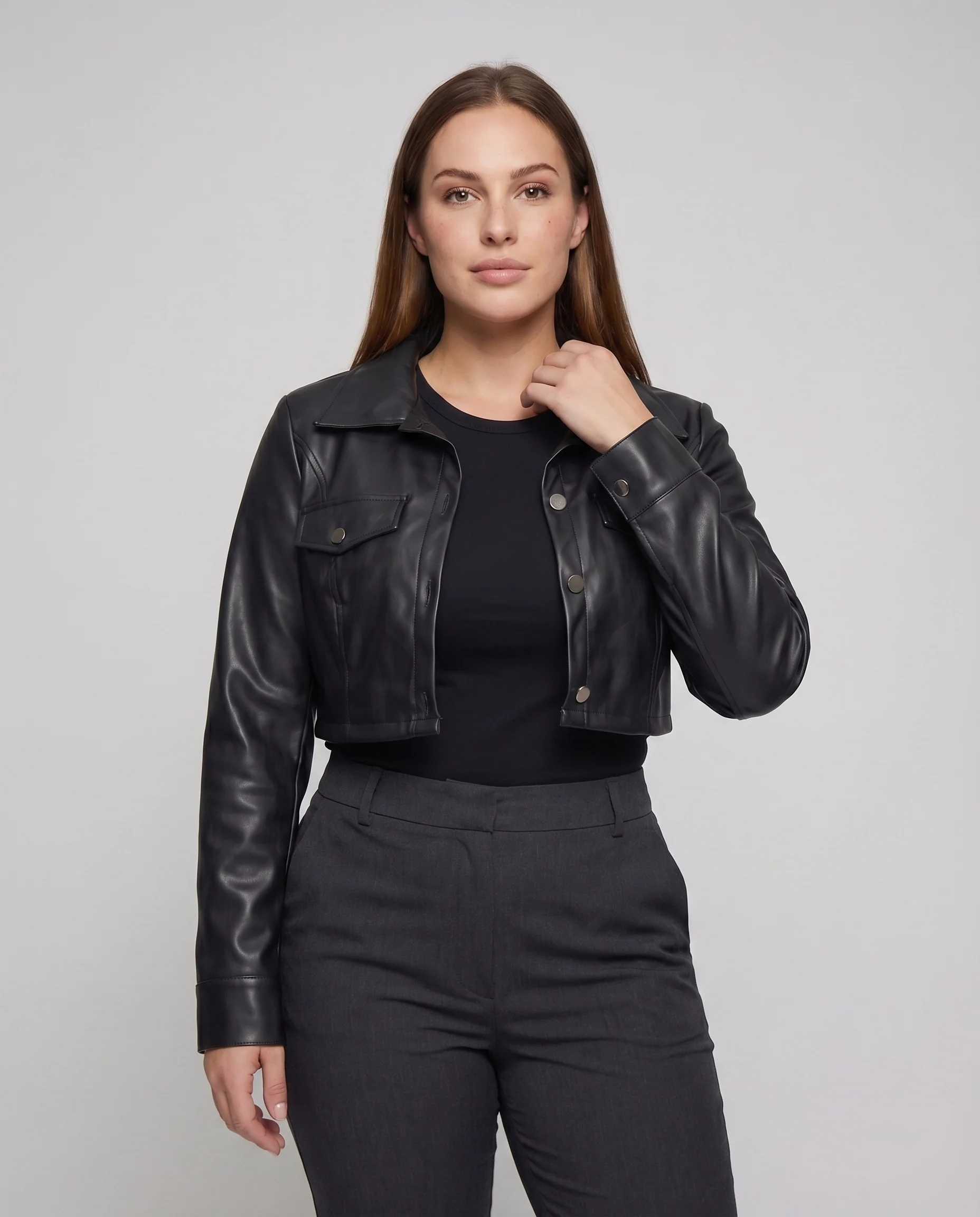 Damen Hemdjacke Vegan-Leder Pattentaschen Tailliert - Image 2