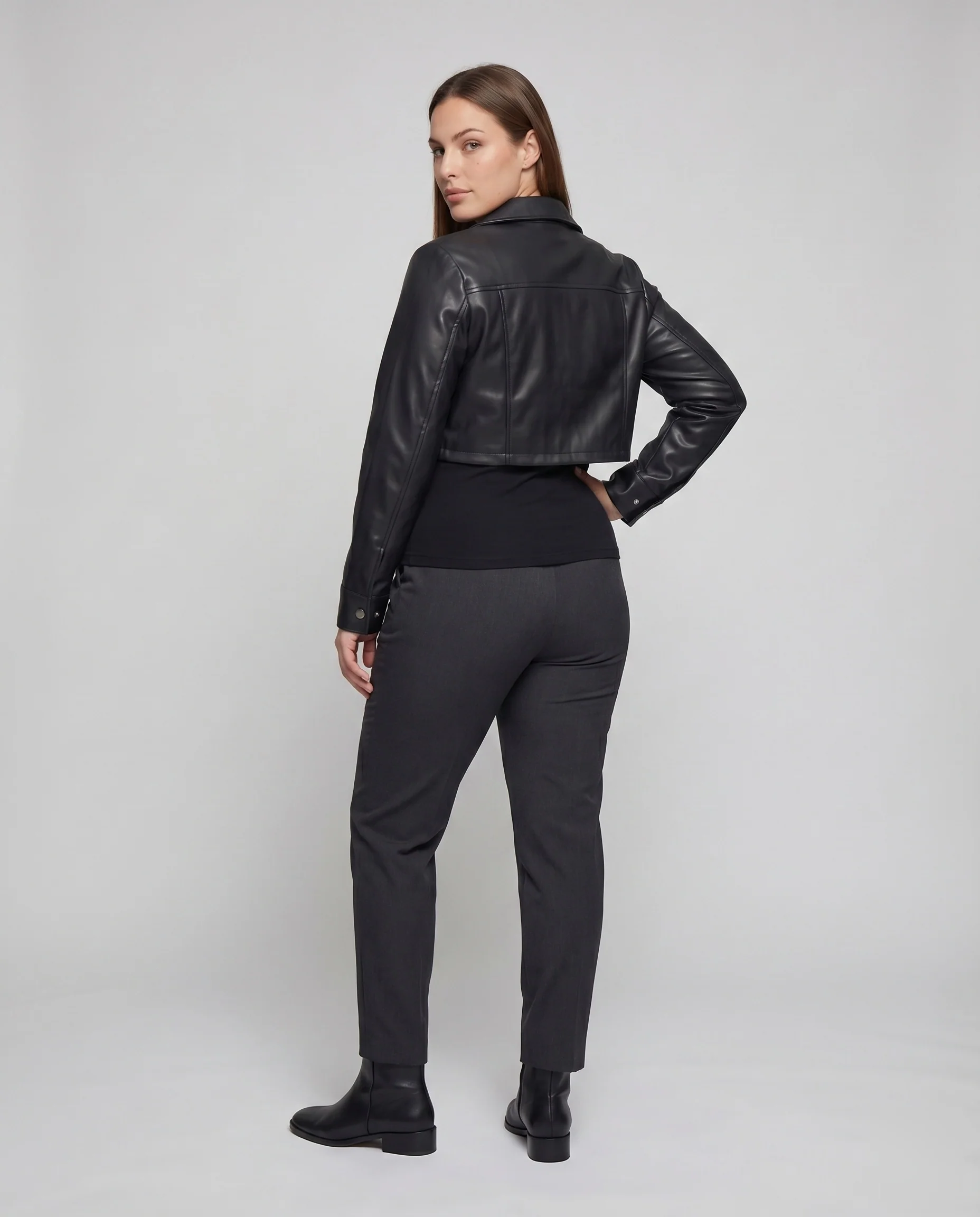 Damen Hemdjacke Vegan-Leder Pattentaschen Tailliert - Image 4