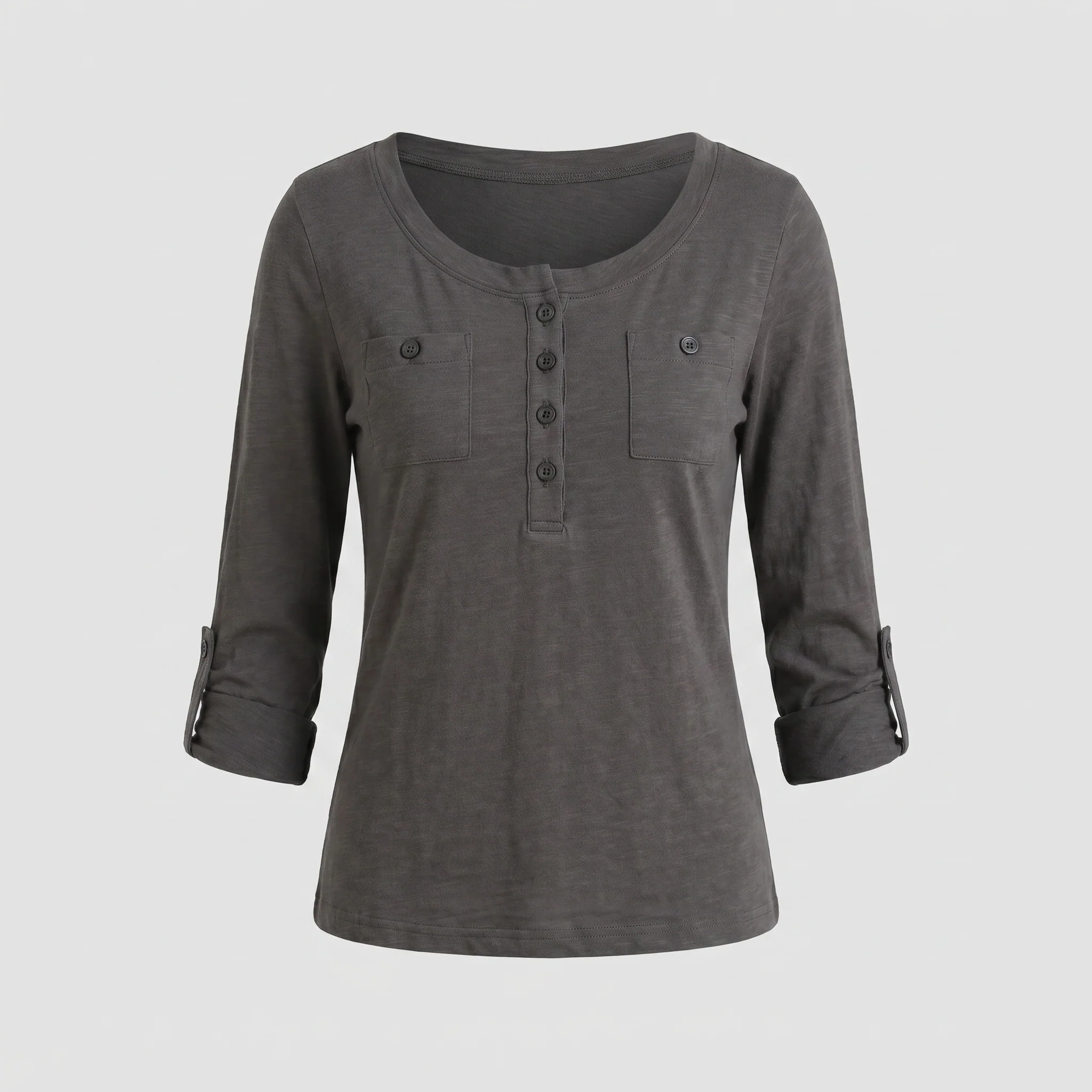 Damen nan Henley-Longsleeve mit Brusttasche, Knopfleiste und krempelbaren Ärmeln aus leichtem Baumwolljersey - Image 5