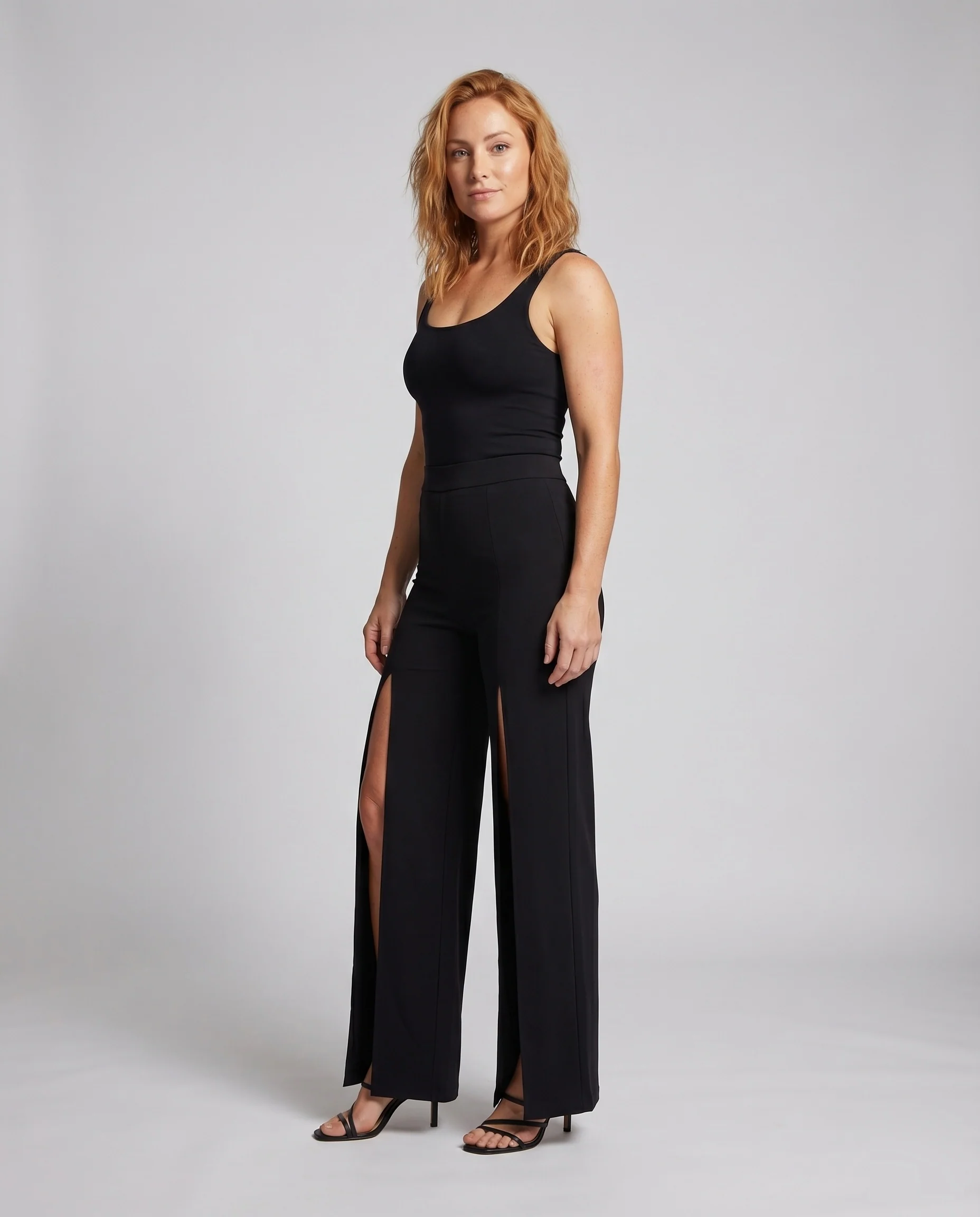 Damen Palazzo-Hose Beinschlitze Elastikbund High-Waist