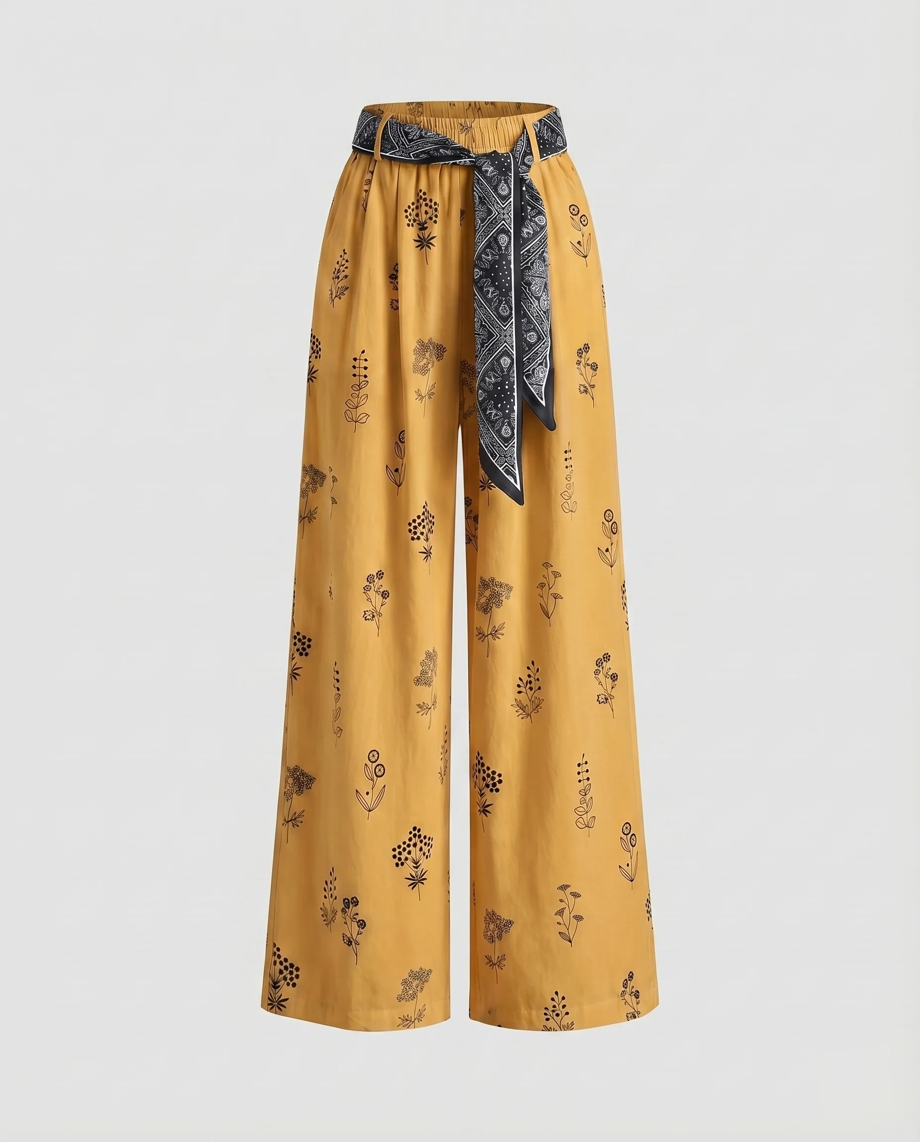 Damen Baumwoll-Leinenhose Floraler Print Bindegürtel Weit - Image 6