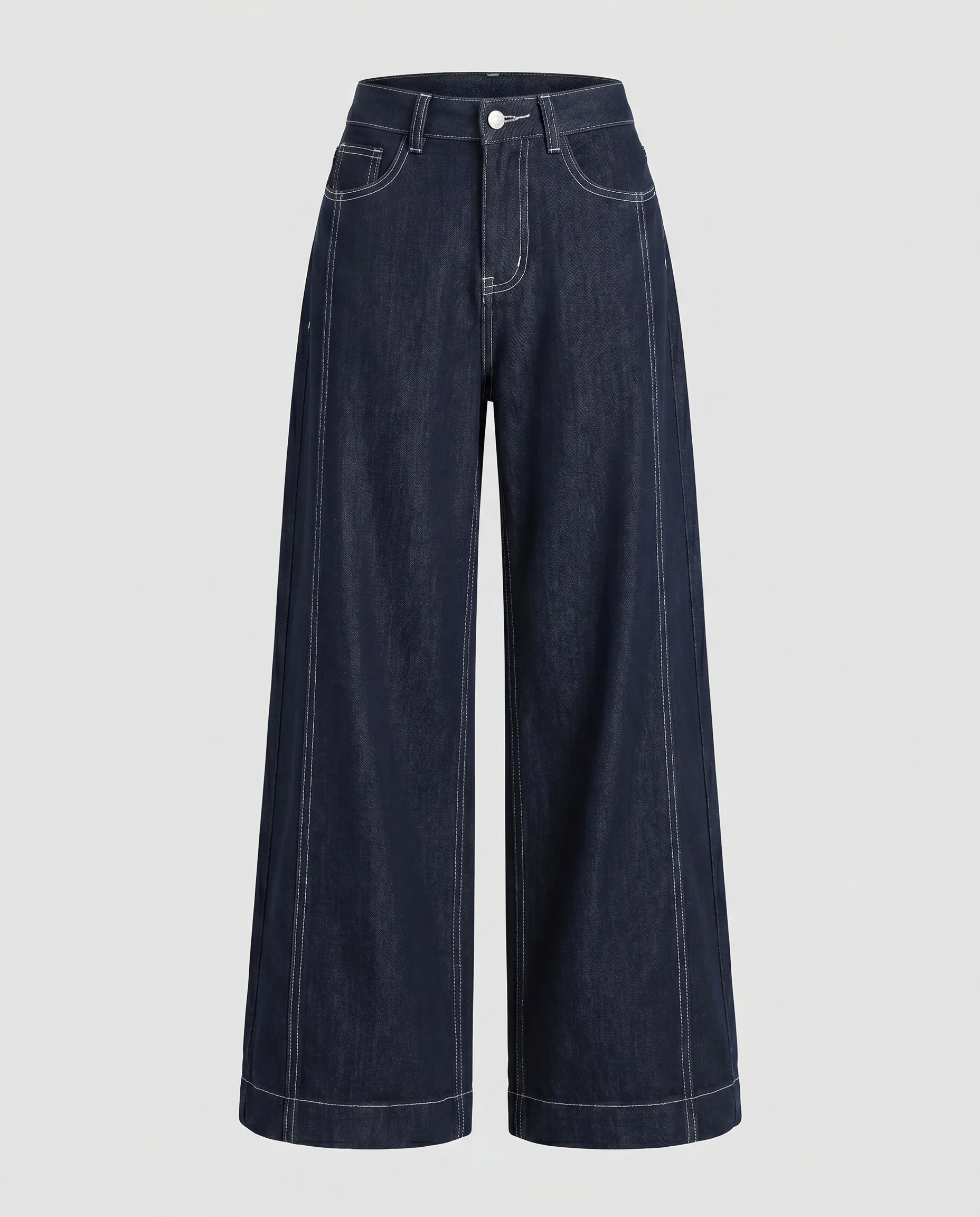 Damen nan hochgeschnittene weite Denimhose mit markanten Kontrastnähten und durchgesteppten Teilungsnähten - Image 5