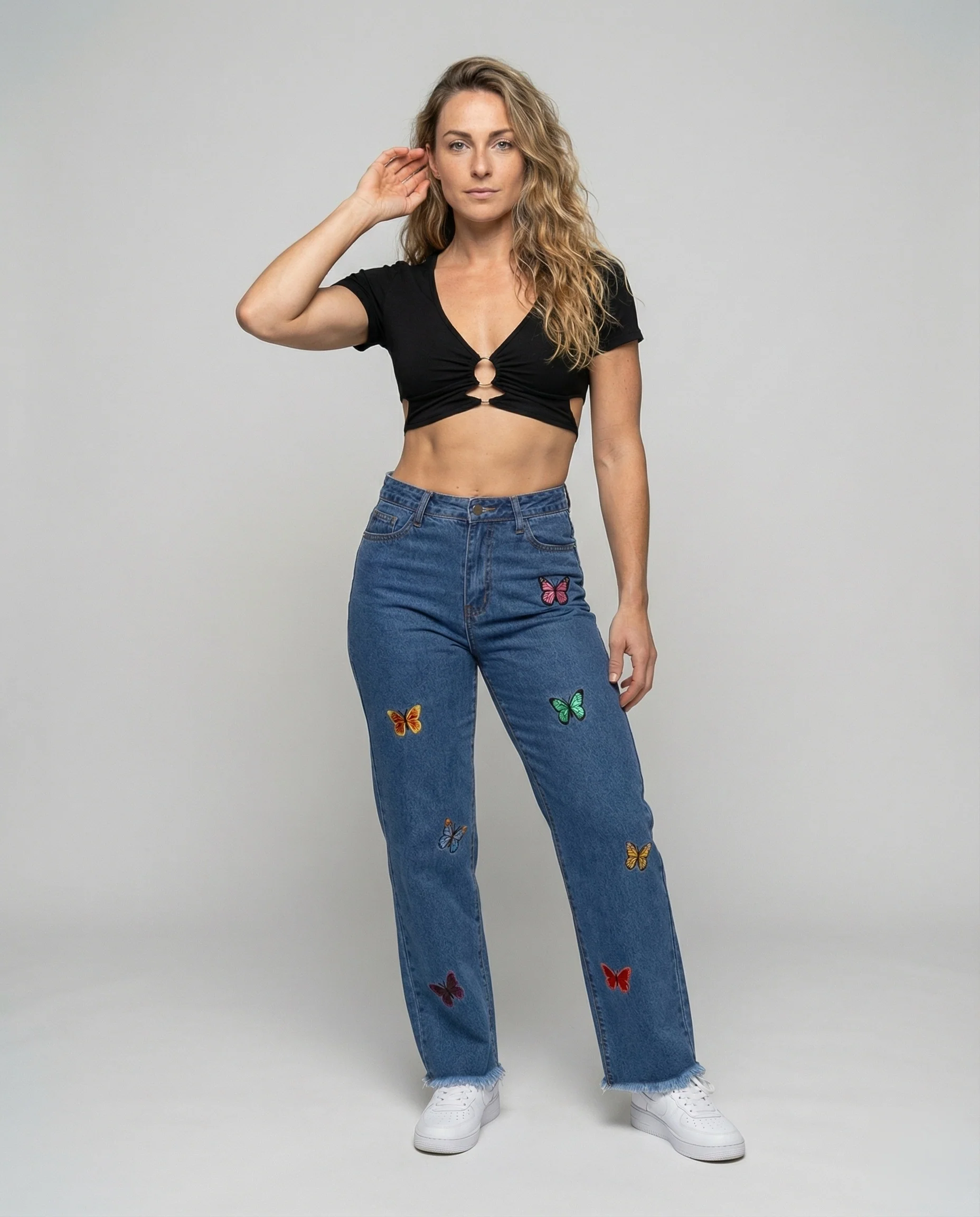 Damen gerade Jeans mit Schmetterlingsstickereien