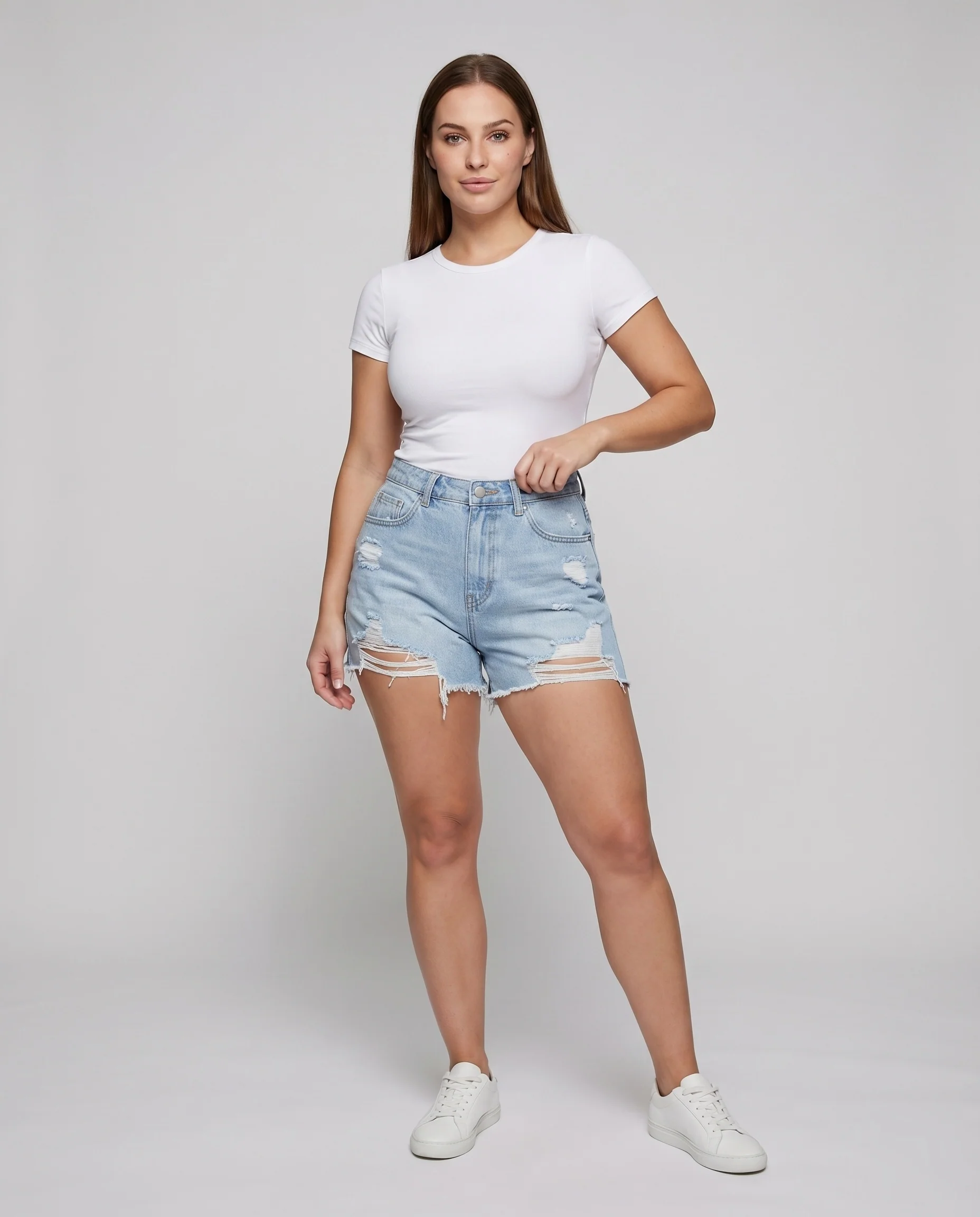 Damen Jeansshorts High-Waist Fransensaum Rissdetail