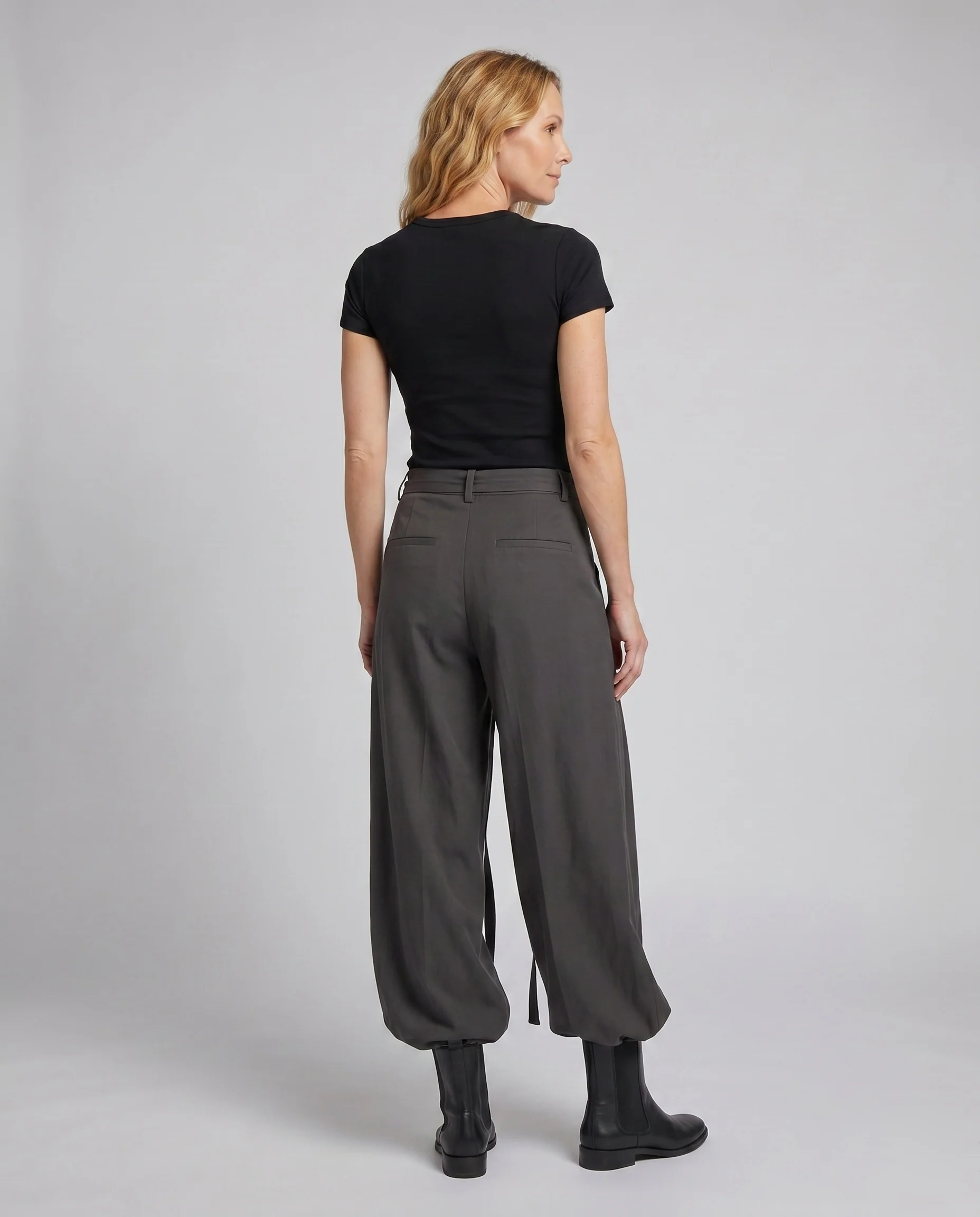Damen nan hochtaillierte Palazzo-Hose mit tiefen Kellerfalten, weitem Bein und dekorativen Bindebändern - Image 4