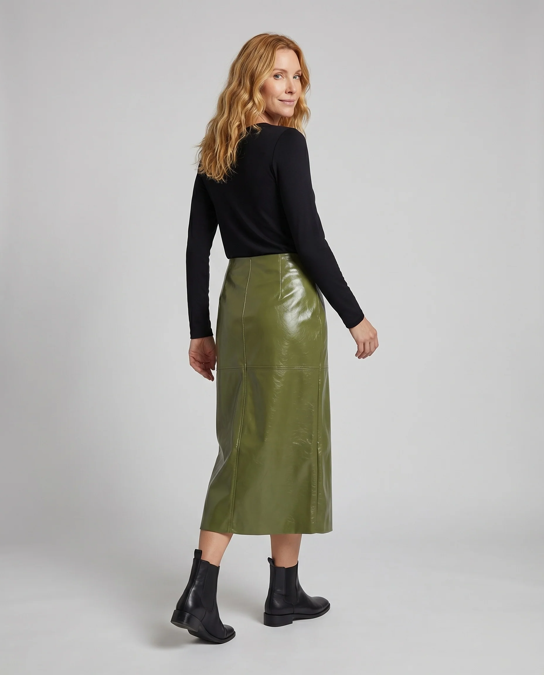 Damen Lack-Maxirock Vegan Nahtpaneele Gerader Schnitt - Image 4