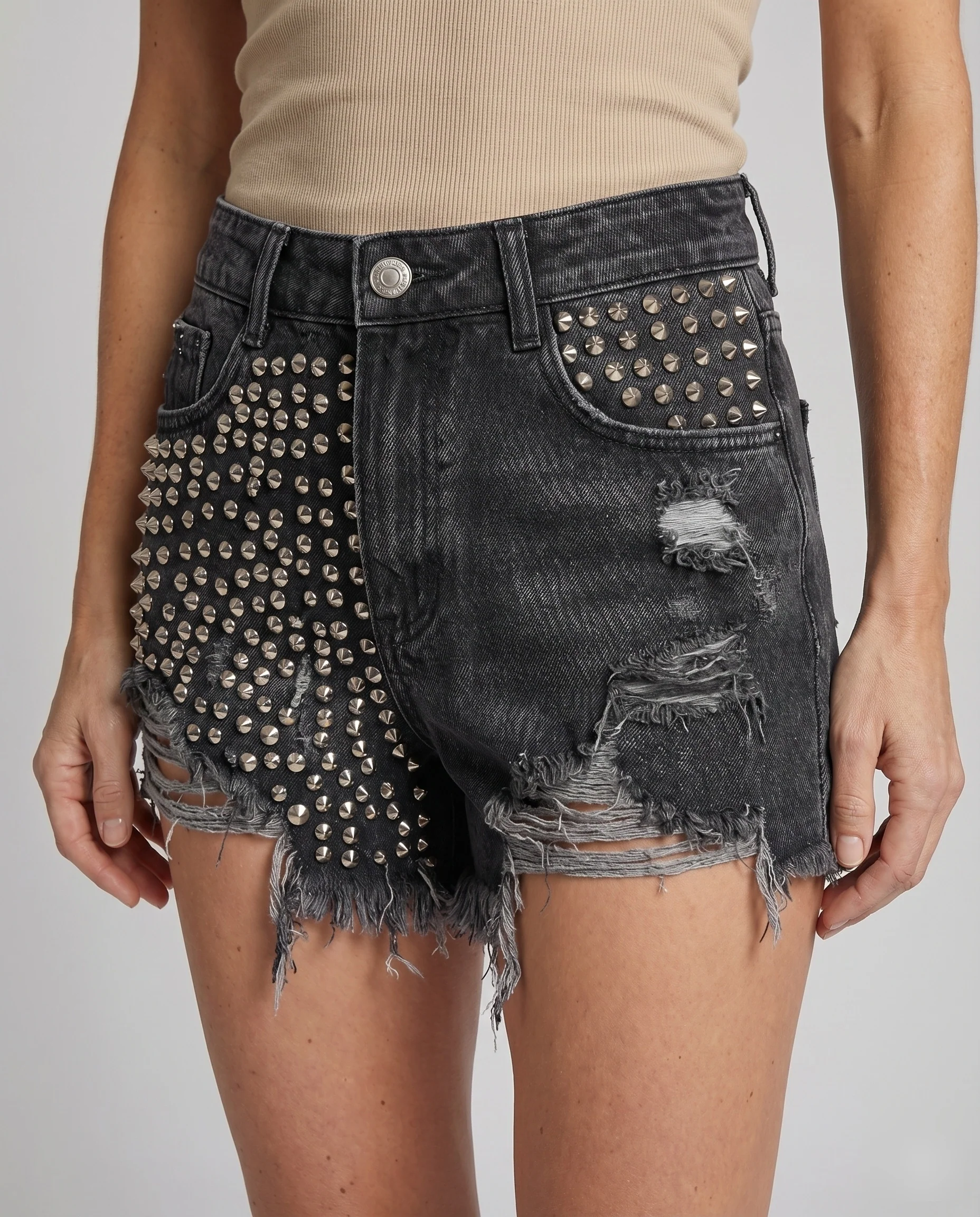 Damen Jeansshorts High-Waist Metallnieten Destroyed - Image 3