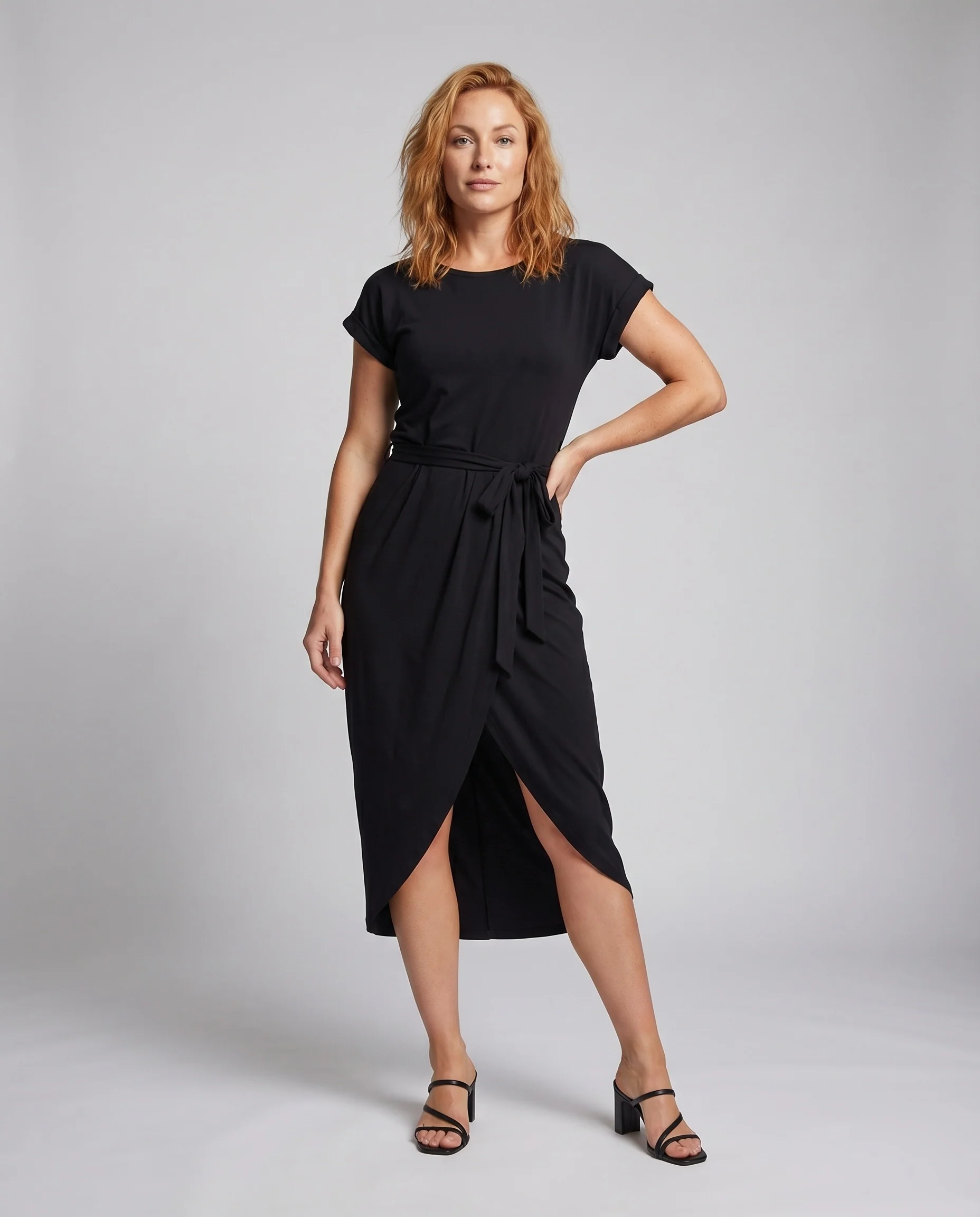 Damen Midikleid T-Shirt-Oberteil Wickel-Tulpenrock Bindegürtel