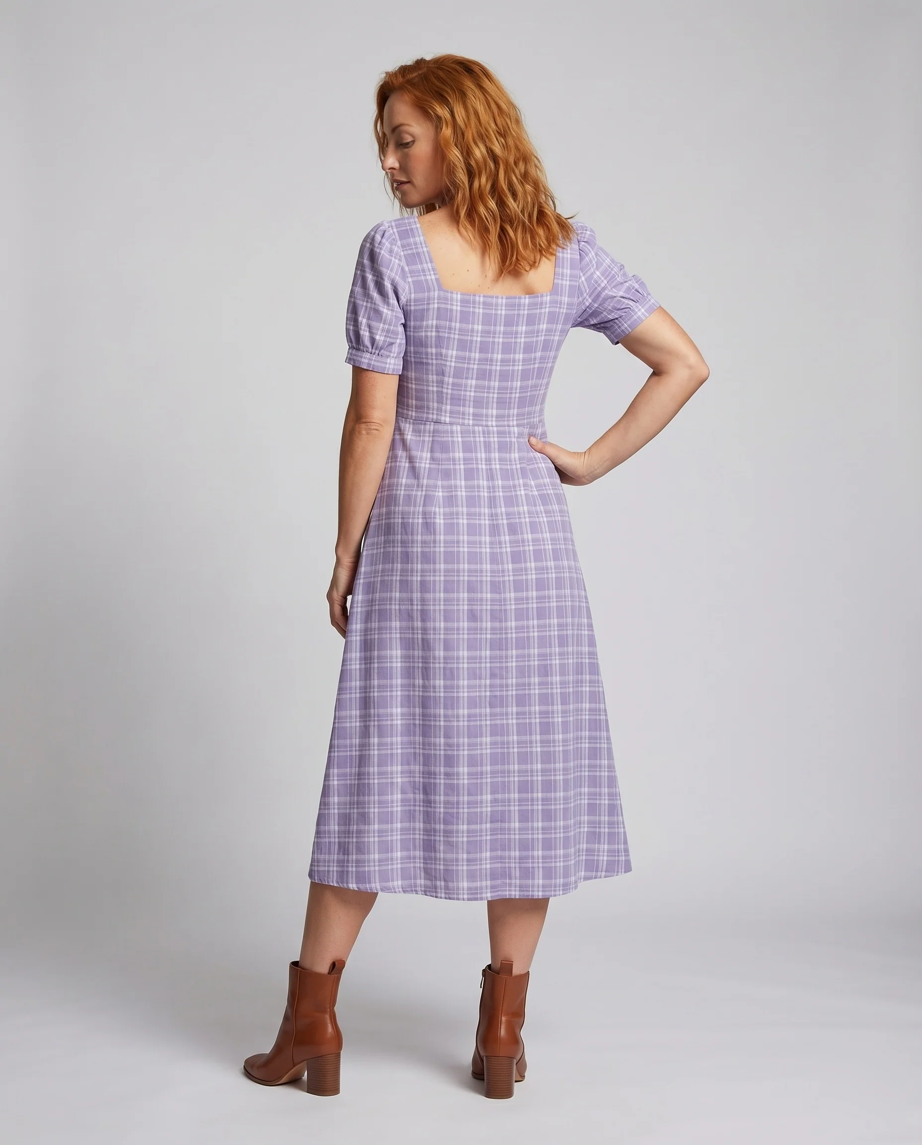 Damen Kariertes Midikleid Taillierte A-Linie Puffärmel Passform - Image 4