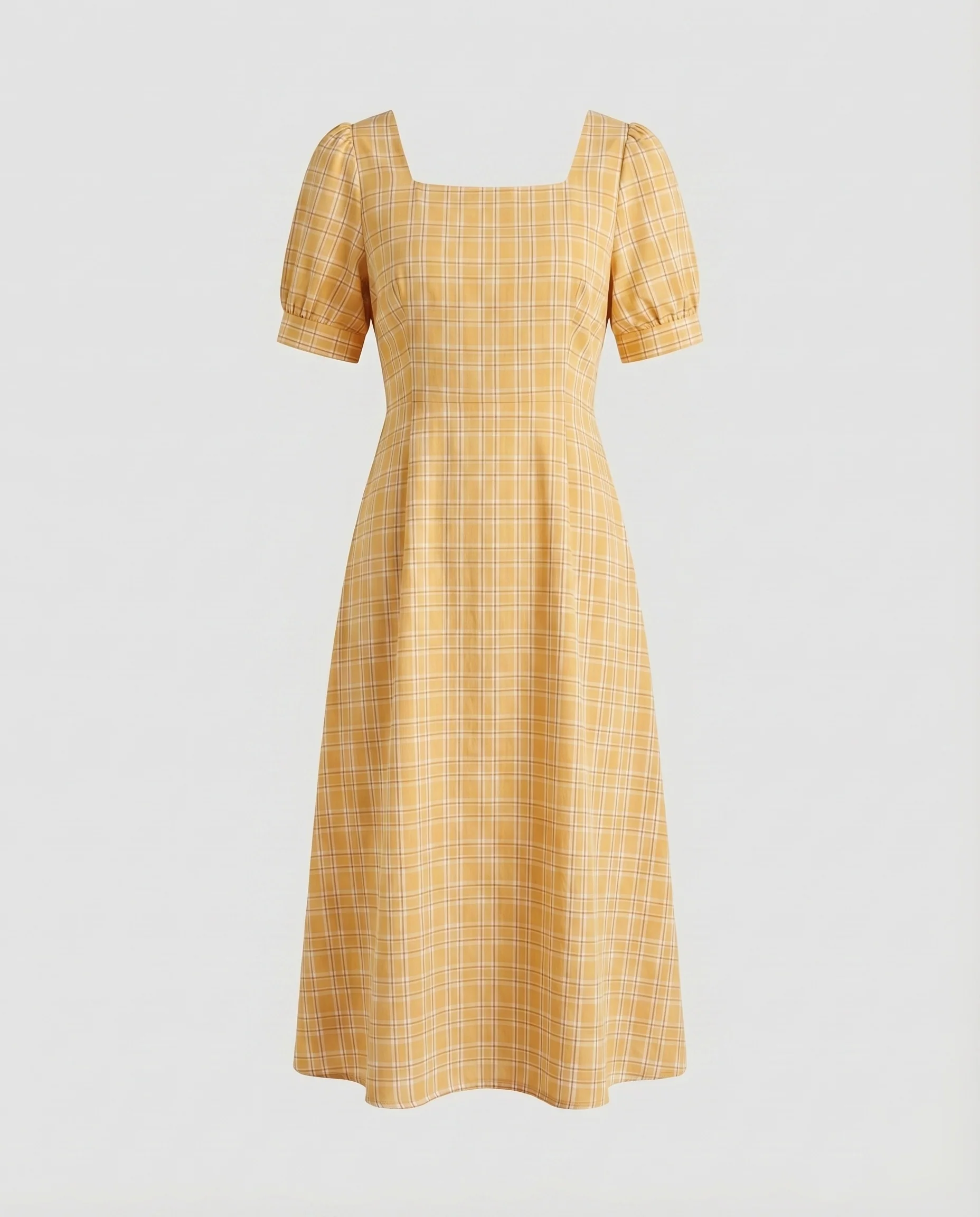 Damen Kariertes Midikleid Taillierte A-Linie Puffärmel Passform - Image 6
