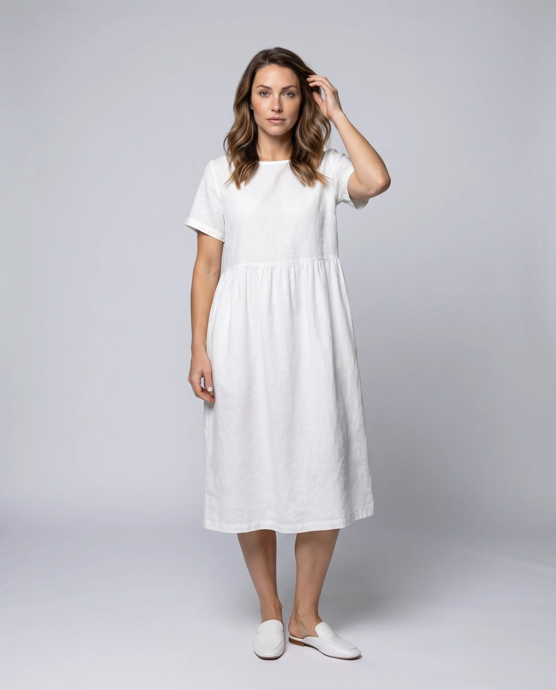 Damen Kastiges Midikleid Überschnittene Schulter Geraffte Seitennaht Innentaschen