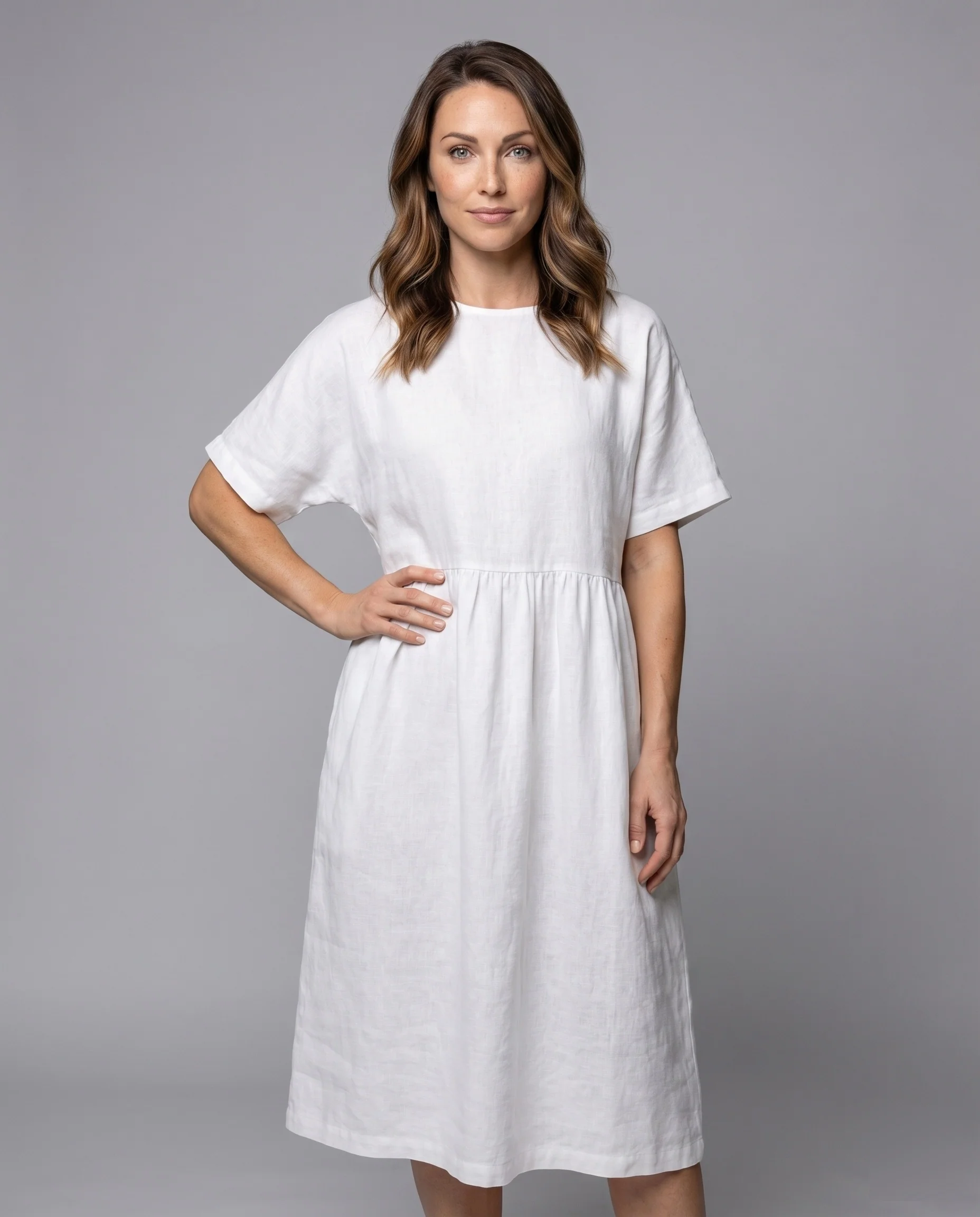 Damen Kastiges Midikleid Überschnittene Schulter Geraffte Seitennaht Innentaschen - Image 2