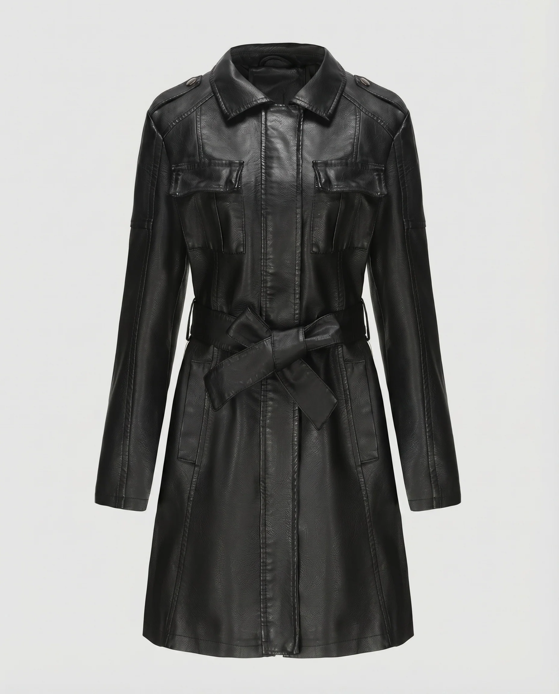 Damen Kunstledermantel Military-Stil Brustklappen Bindegürtel - Image 5