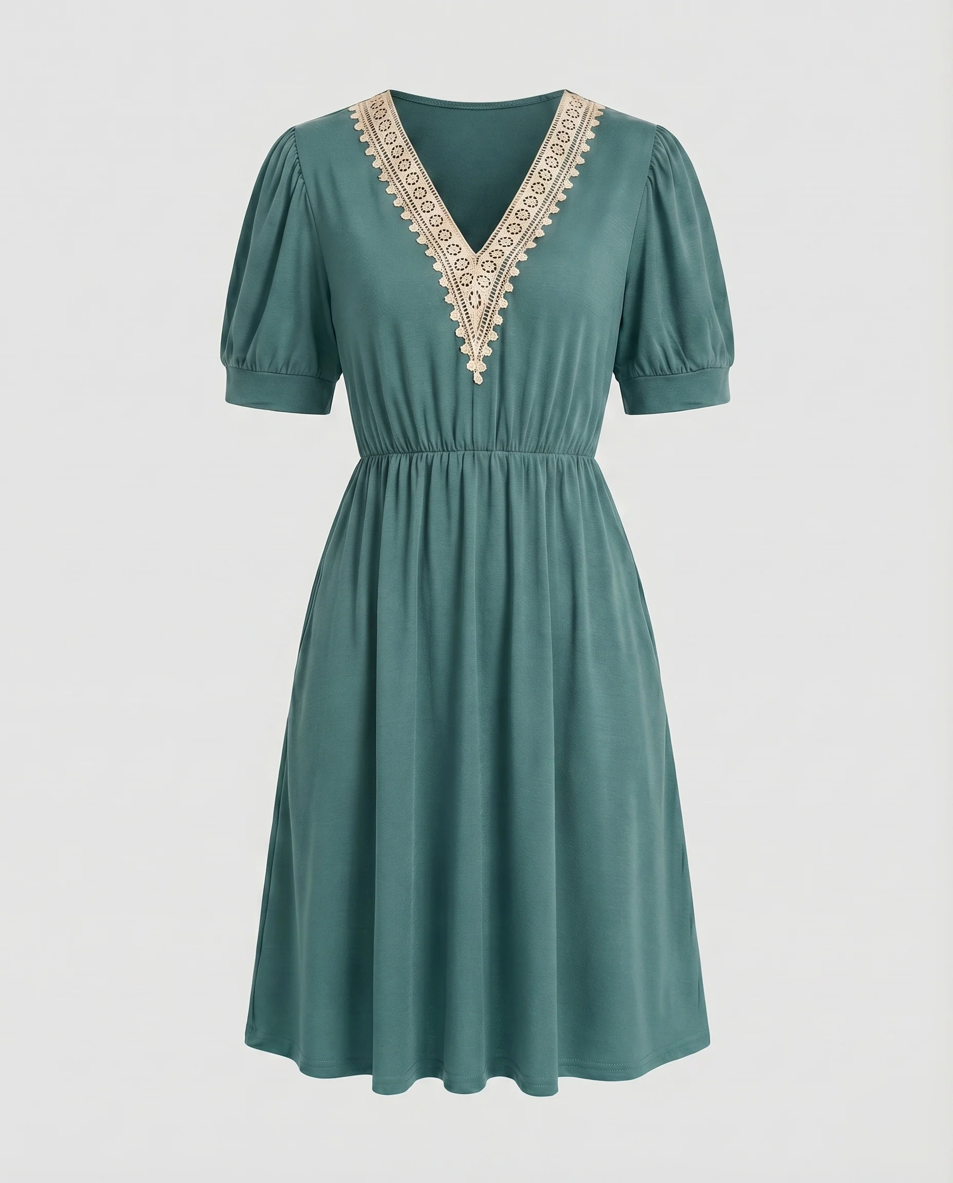 Damen Midikleid Spitzen-V-Ausschnitt Puffärmel Seitentaschen - Image 11