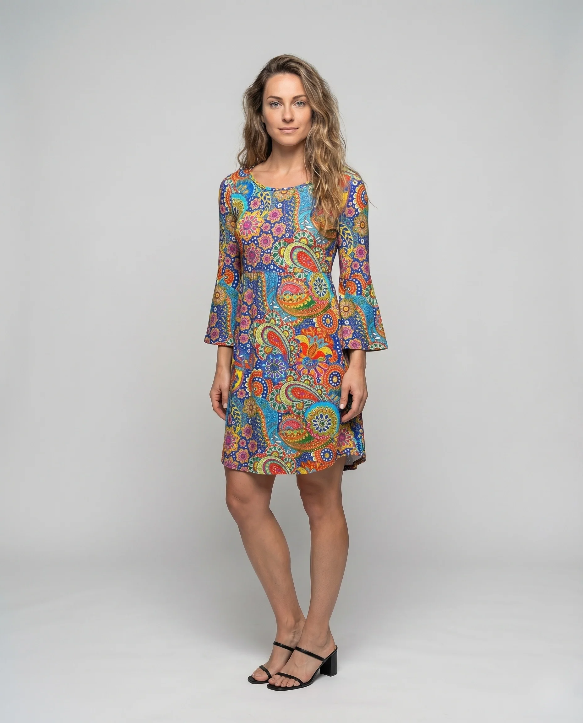Damen Paisley-Swingkleid Glockenärmel Unterbrust-Raffung Knielang