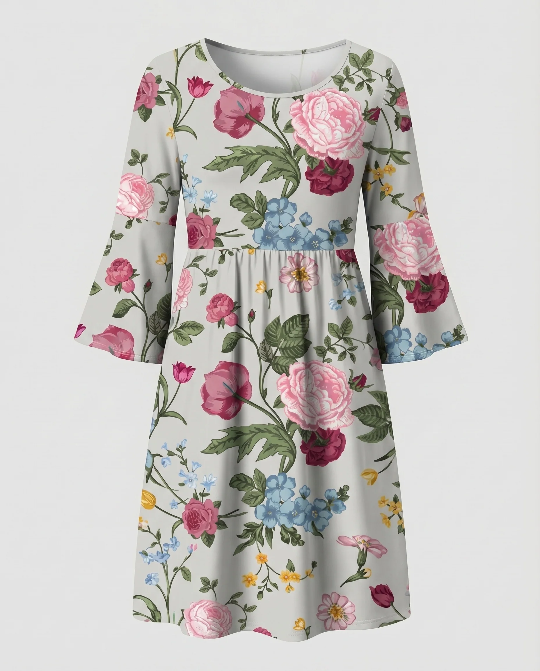 Damen Paisley-Swingkleid Glockenärmel Unterbrust-Raffung Knielang - Image 7
