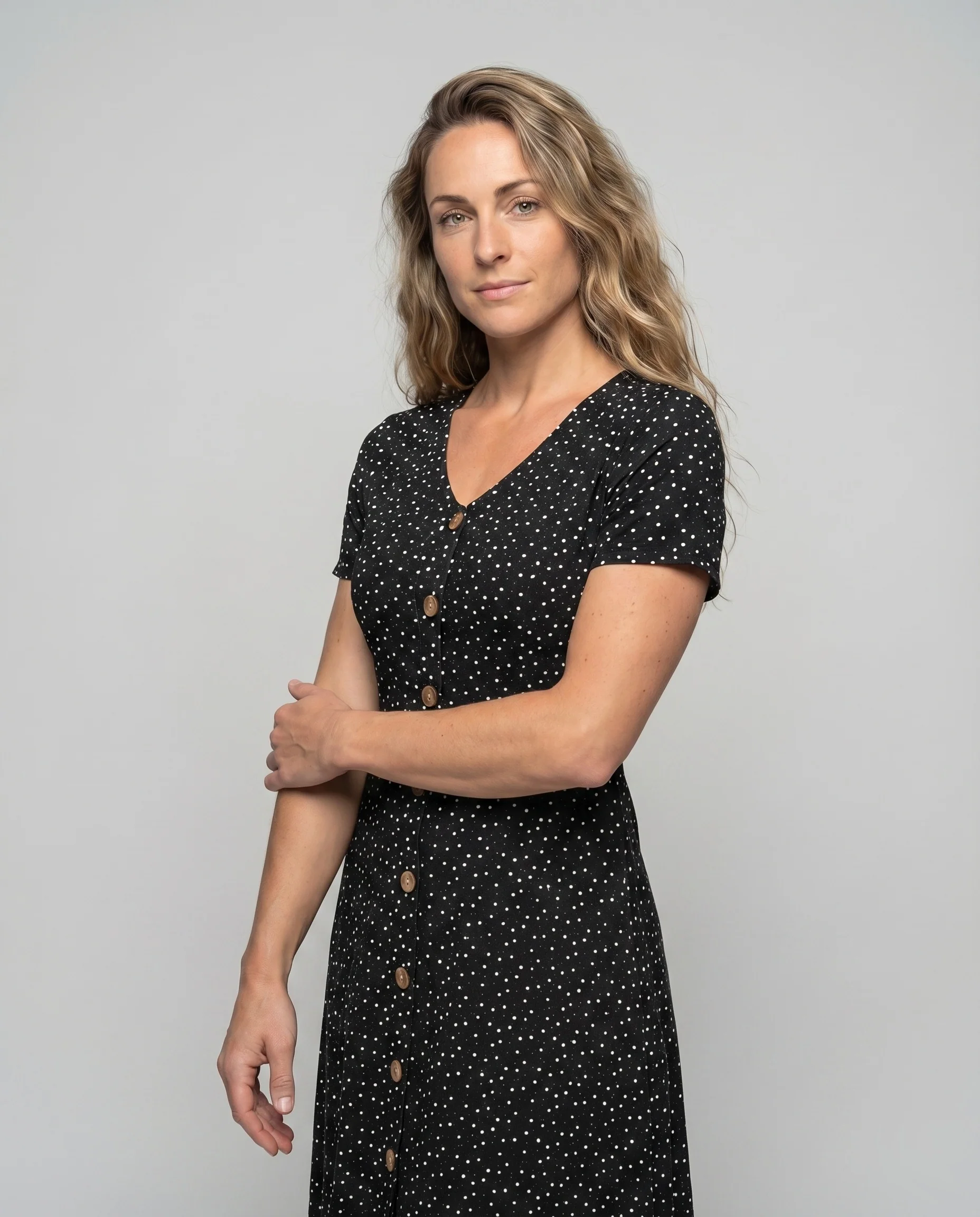 Damen Swingkleid Pünktchenmuster Knopfleiste Taillierte A-Linie - Image 2
