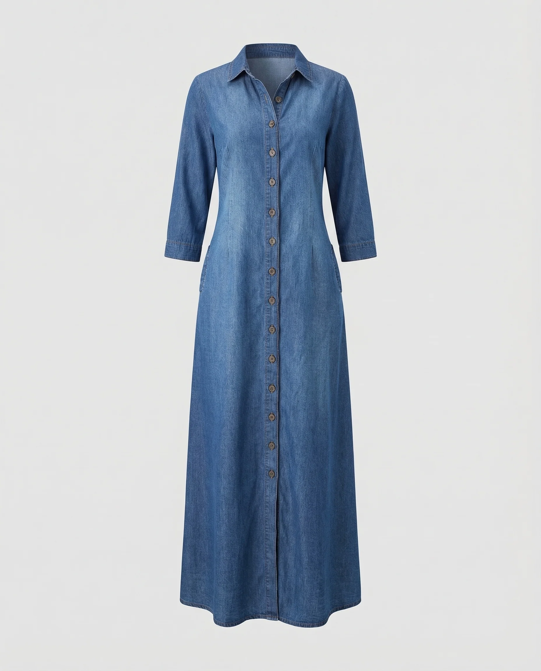 Damen Hemdblusen-Maxikleid Chambray-Optik Vorderer Schlitz - Image 4