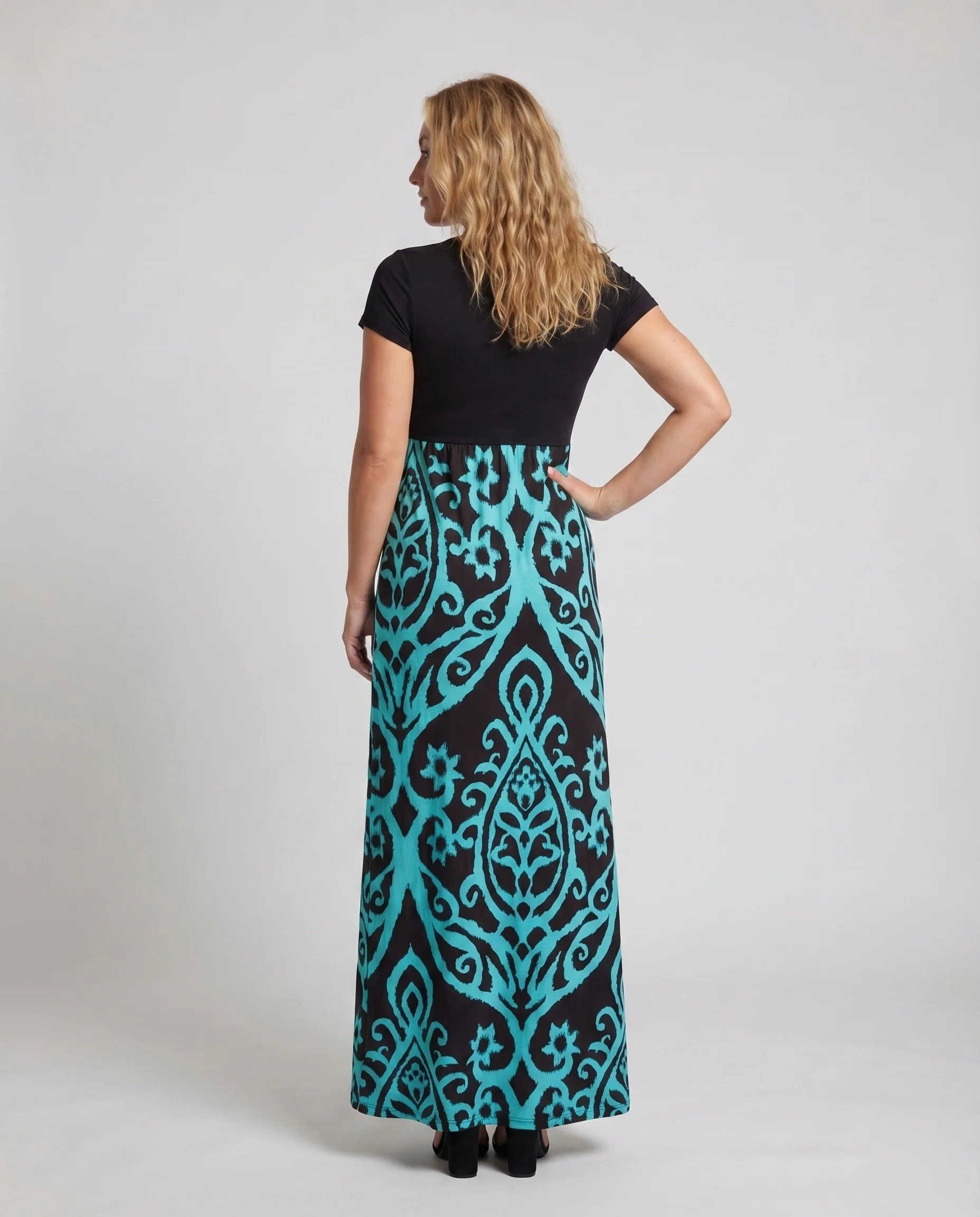 Damen Maxi-Kleid Empire-Taille Seitentaschen Kontrast-Optik - Image 4