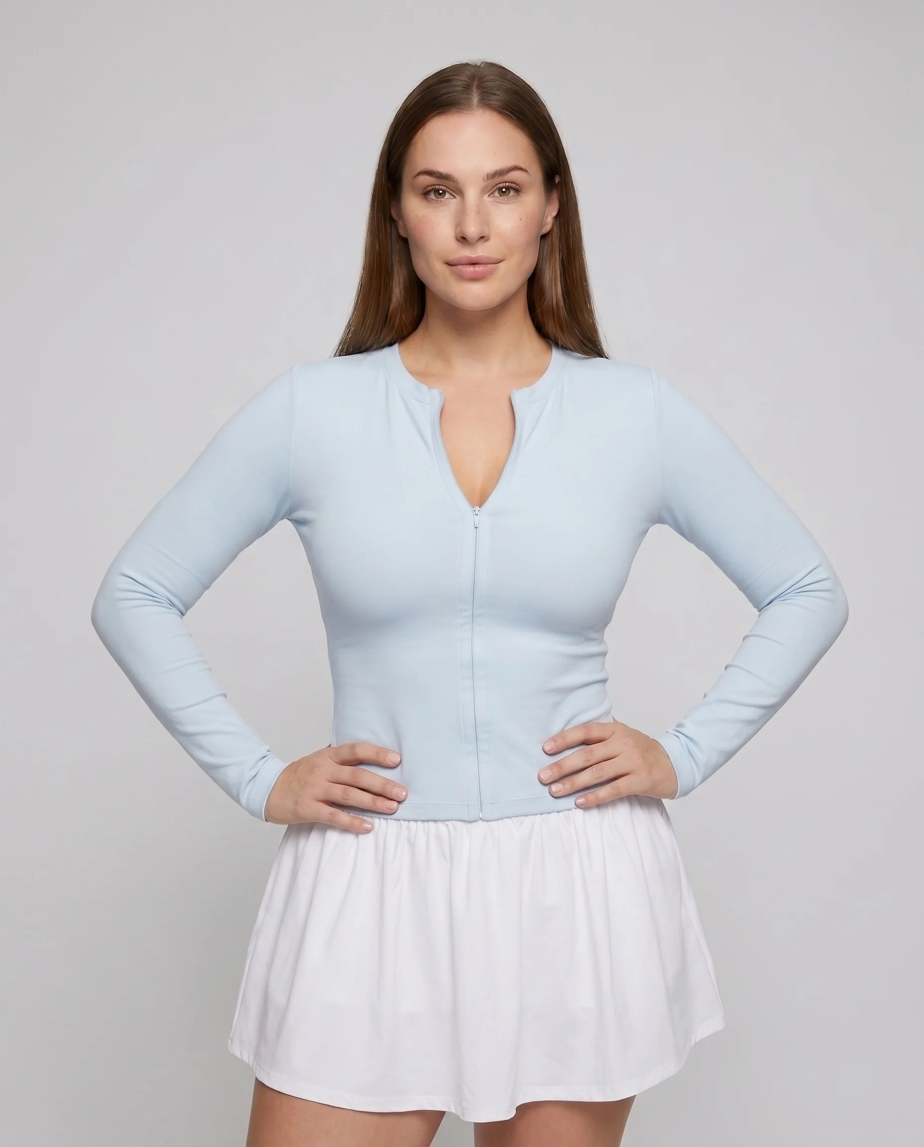 Damen nan körperbetontes Langarmoberteil mit zentraler Ziernaht, kurzem Ausschnittschlitz und hohem Stretchanteil - Image 2