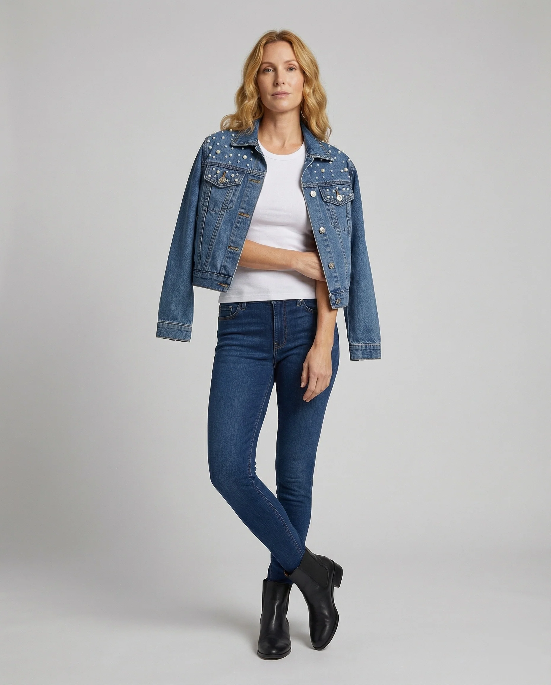 Damen Jeansjacke Perlen Stickerei