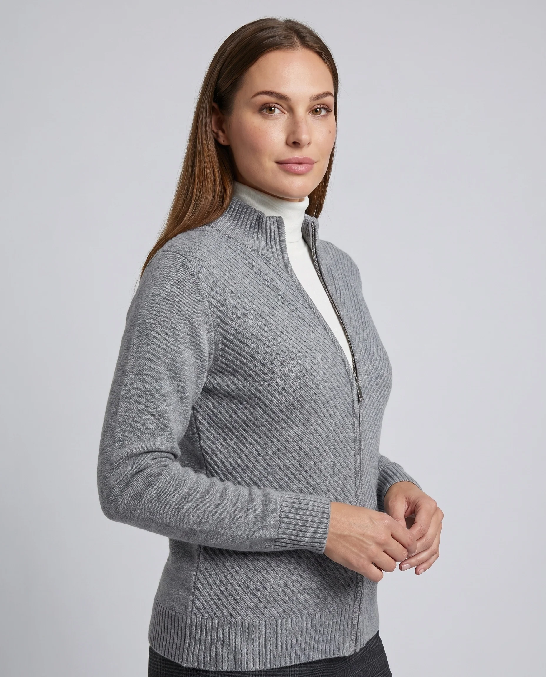 Damen nan kurz geschnittener Zip-Cardigan mit diagonalem Zierstrick und Zwei-Wege-Reißverschluss - Image 2