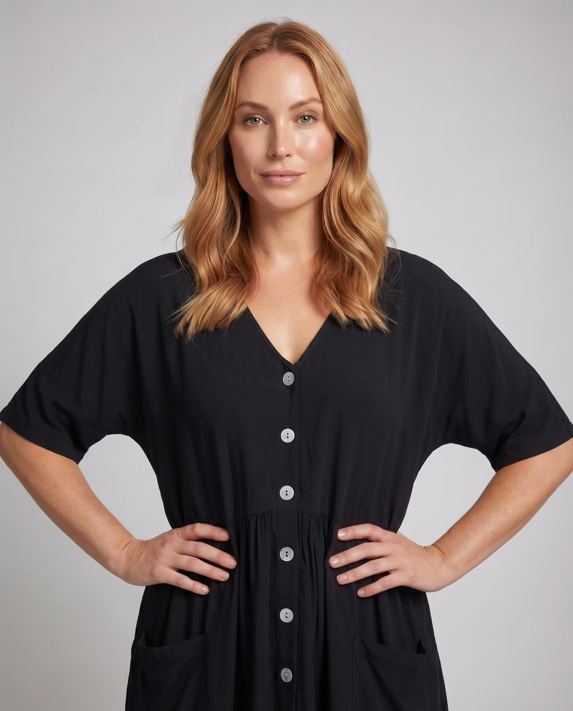 Damen A-Linien-Kleid V-Ausschnitt Frontknöpfe Nahttaschen - Image 2