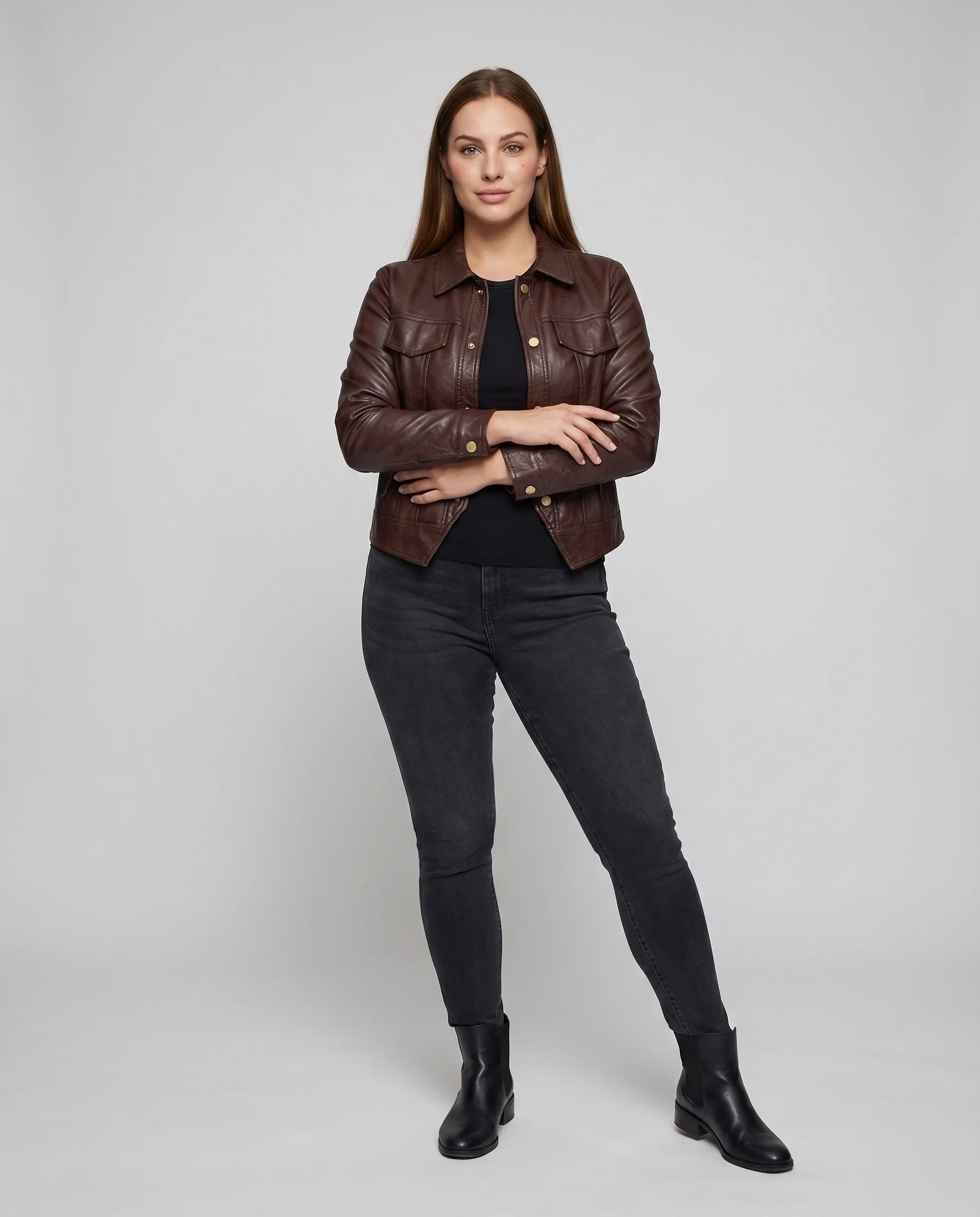 Damen Lederimitat-Blouson Arbeitsjackenstil Klappentaschen