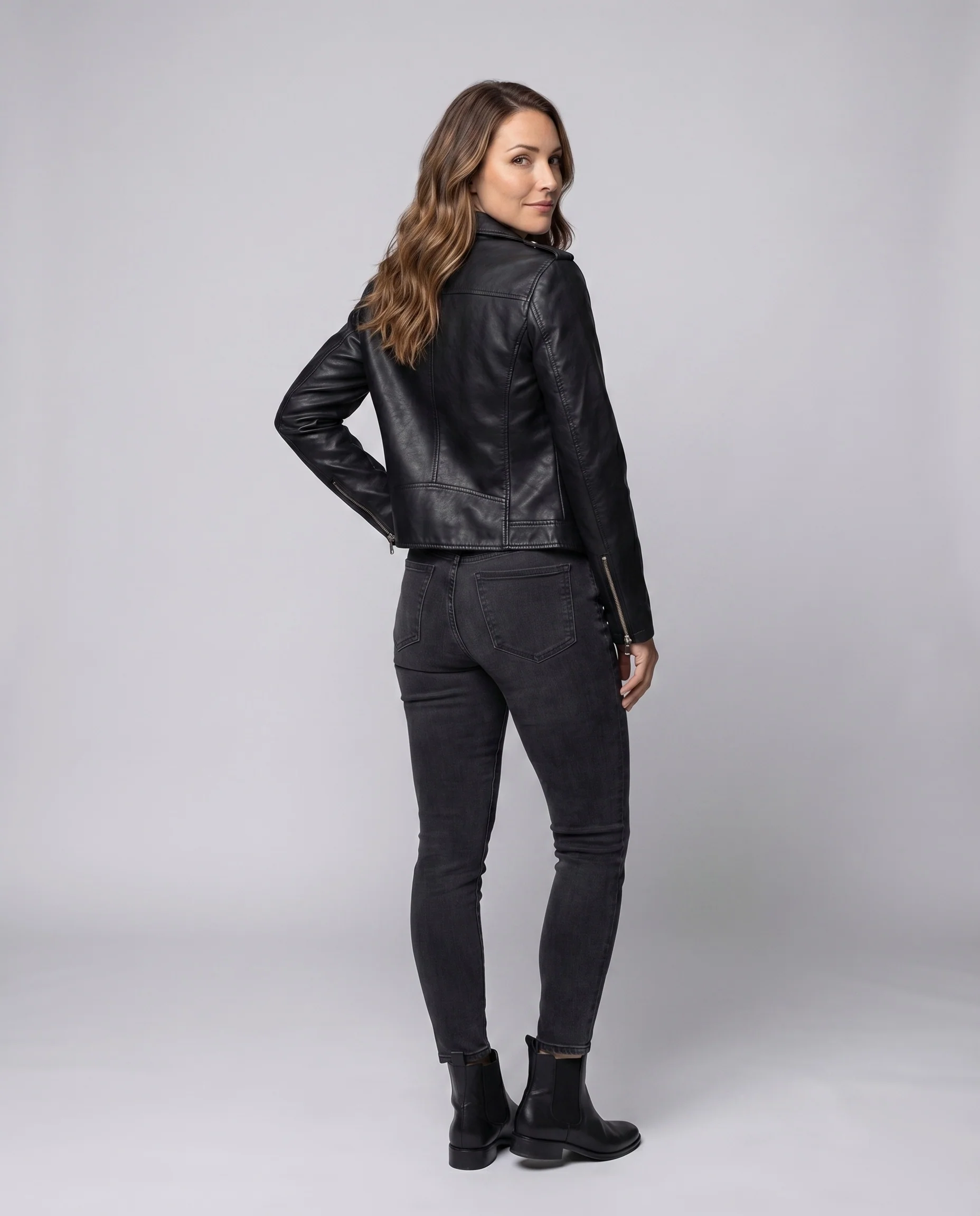 Damen Kurzblouson Revers-Stil Vegan-Leder Asymmetrisch - Image 4
