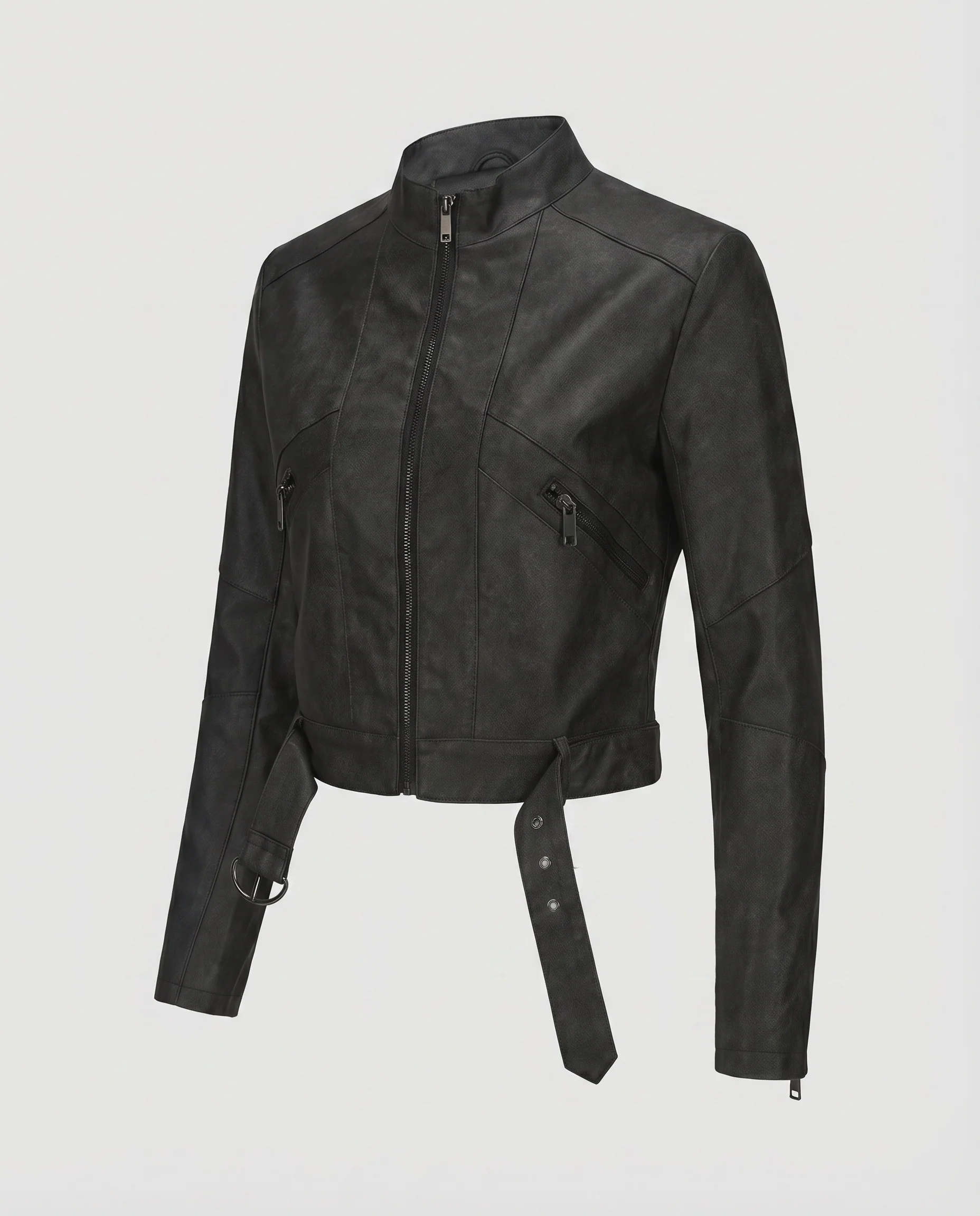 Damen Kurzblouson Stehkragen Ringdetail Taillenriemen - Image 5