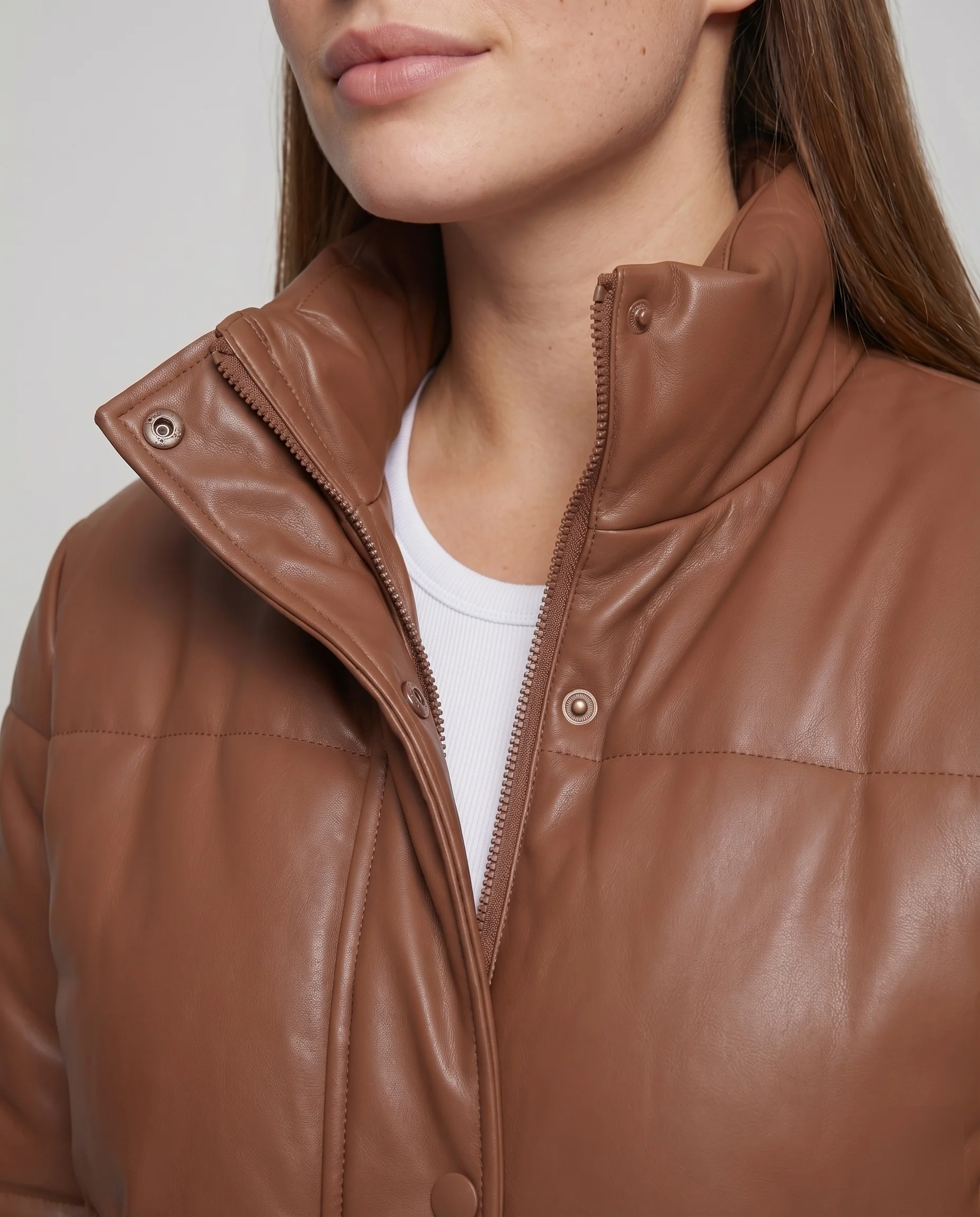 Damen Kunstleder-Steppjacke Stehkragen Gesteppt Taschen - Image 3