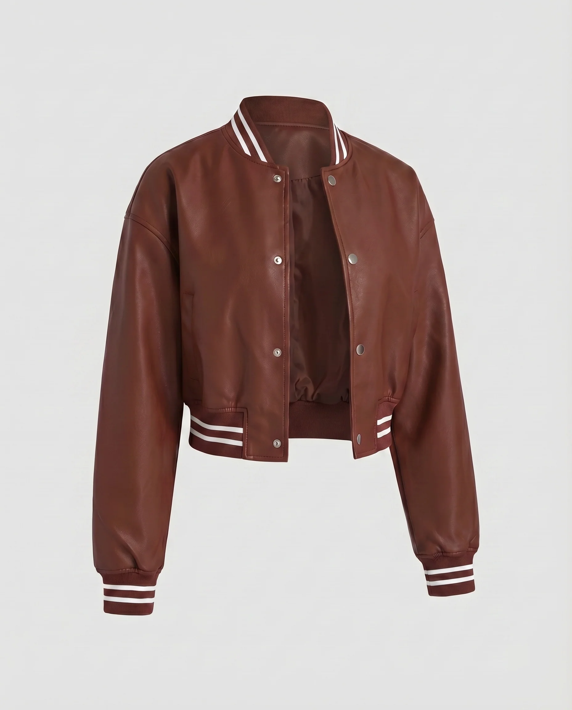 Damen Collegejacke Lederimitat Rippbündchen Druckknöpfe - Image 9