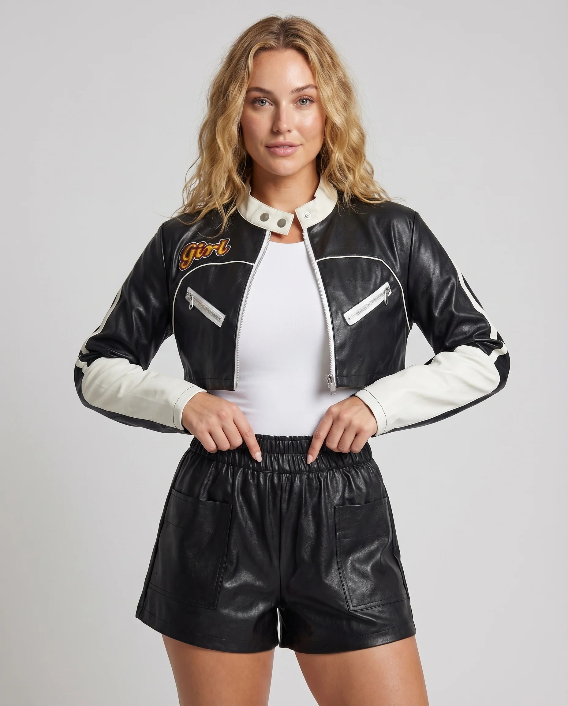 Damen Bikerjacke Rennsport-Stil Stehkragen Patches - Image 2