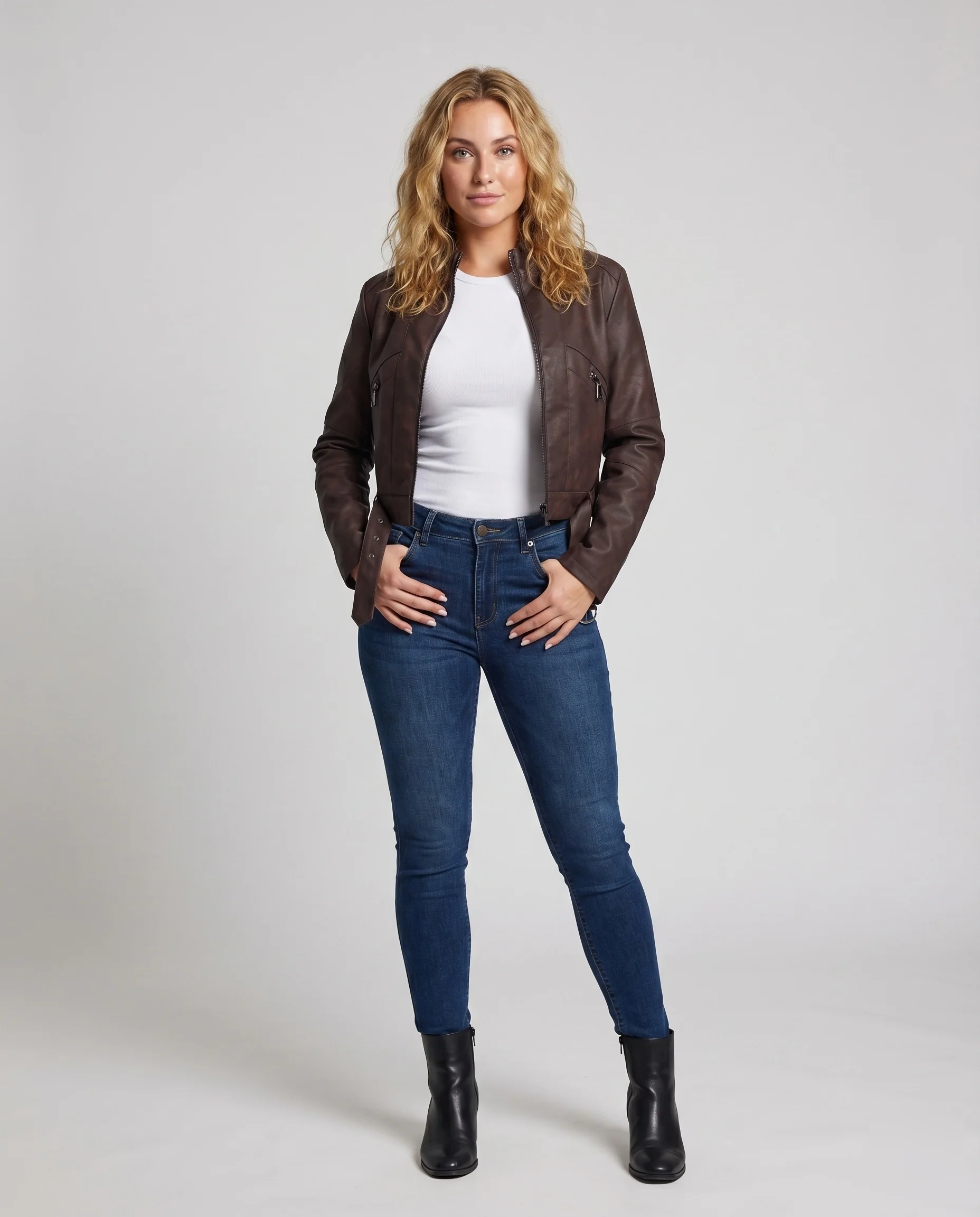 Damen Motorradjacke Lederoptik Stehkragen Taillenriemen