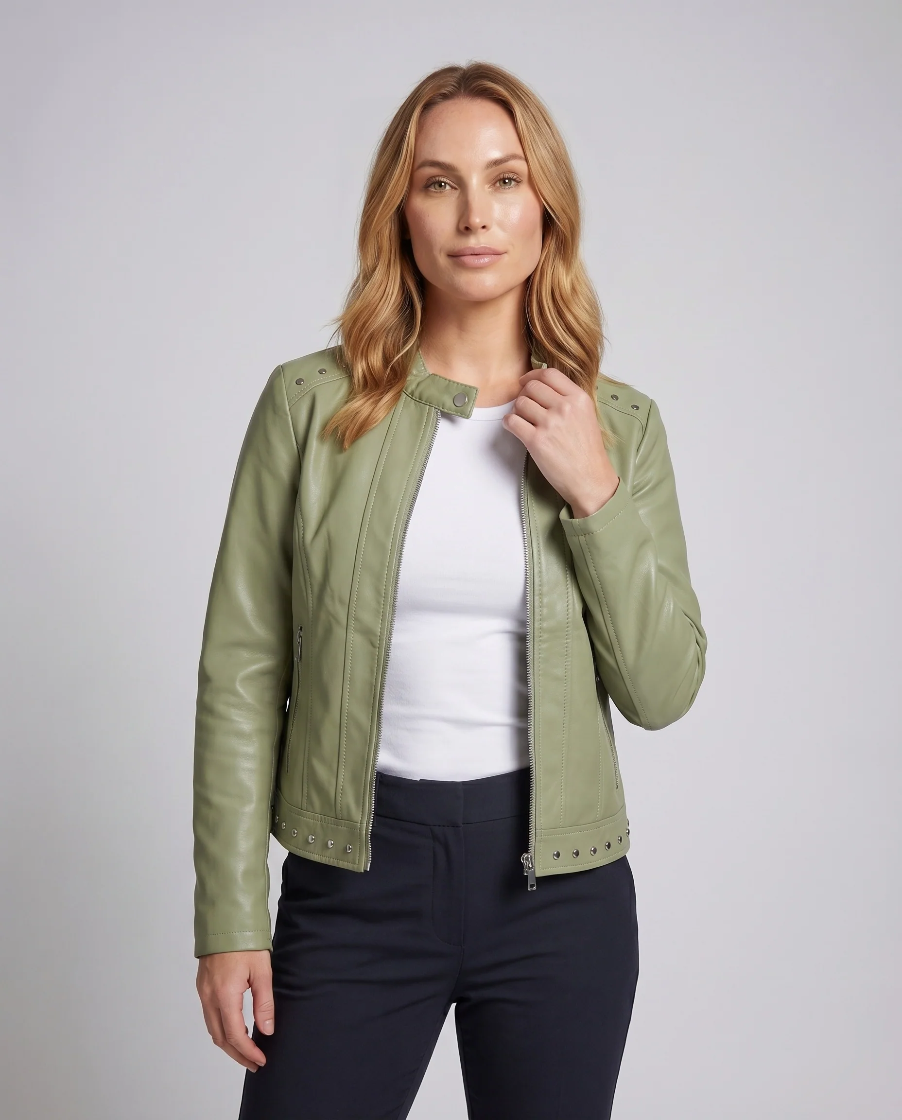 Damen Biker-Blouson Vegan Nietenbesatz Ziernähte - Image 2