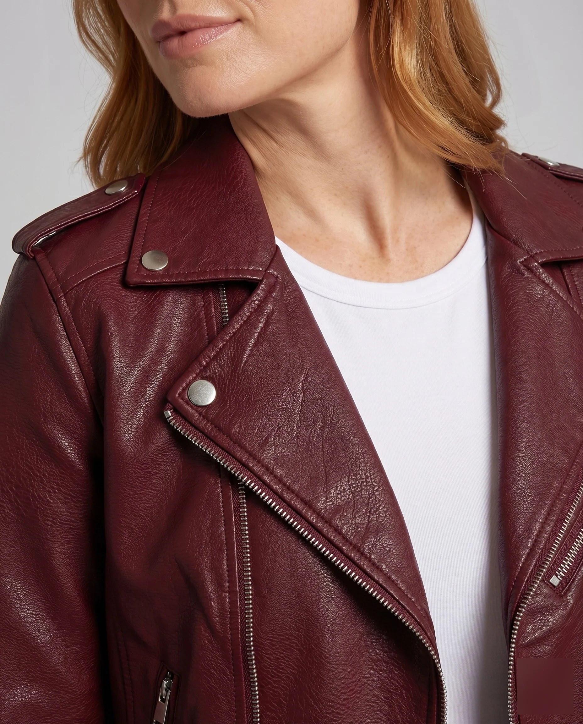 Damen Bikerblouson Lederoptik Asymmetrisch Taillengürtel - Image 3
