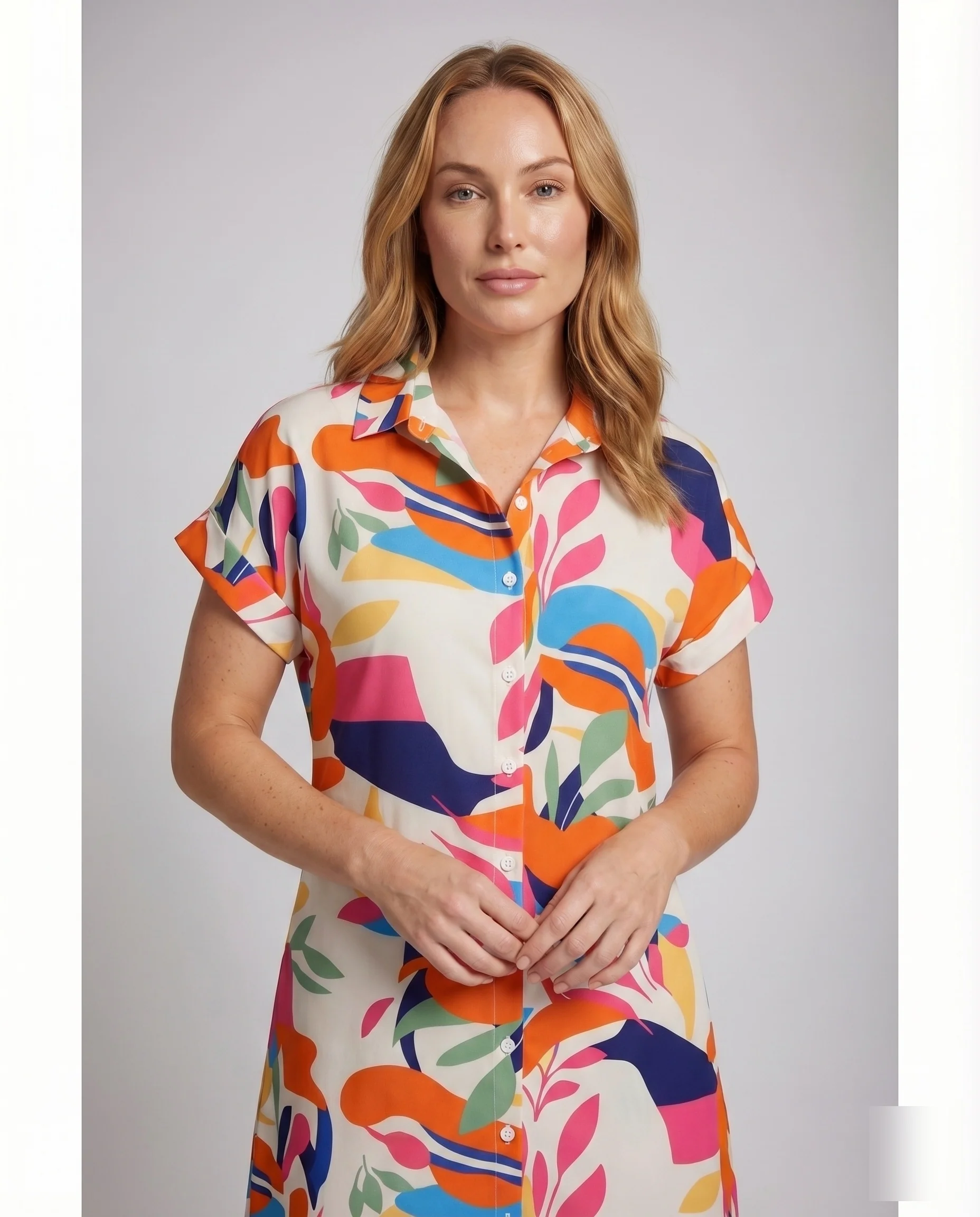 Damen Kurzes Hemdkleid Blattmuster Kragen Weit geschnitten - Image 2