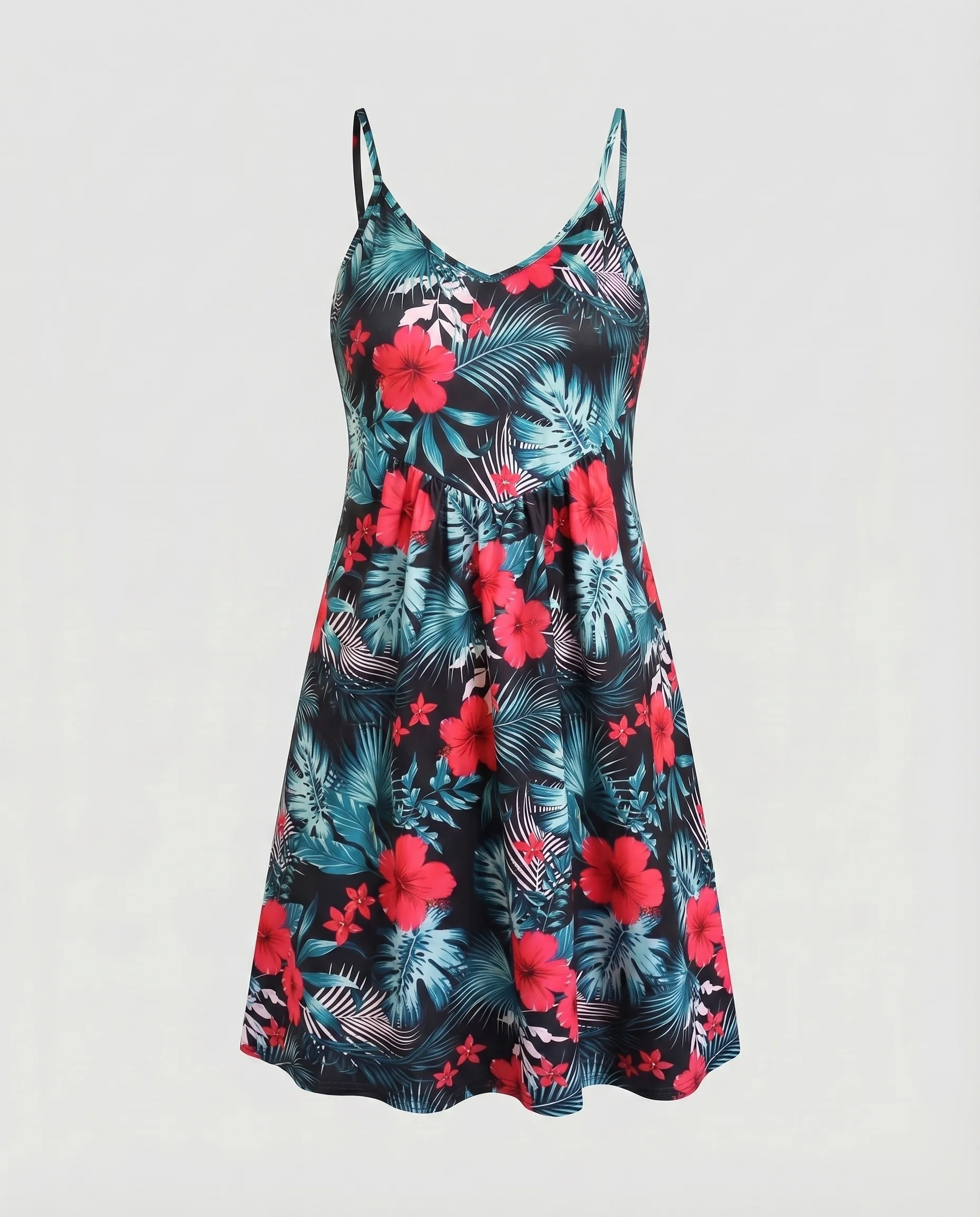 Damen Sommerkleid Tropischer Hibiskusprint Ausgestellt Spaghettiträger - Image 8